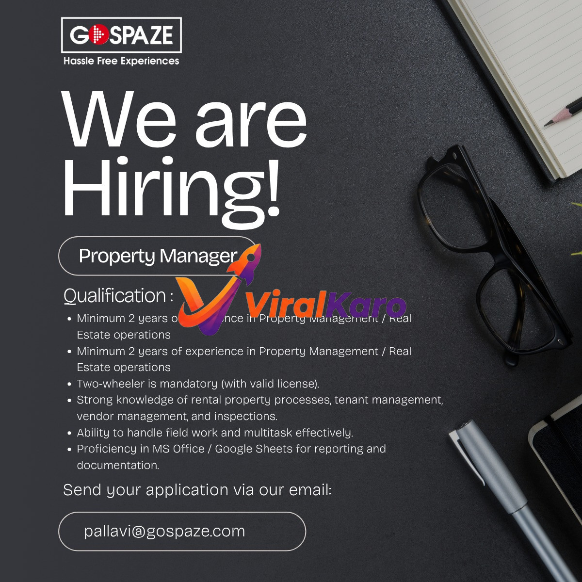GoSpaze job opening poster for a Property Manager position on a professional dark desk background with glasses and a pen.