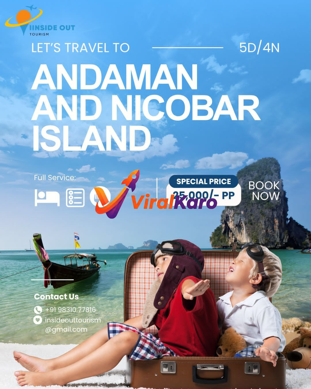 Two children sitting in an open suitcase on a sandy beach with a traditional long-tail boat and tropical island in the background, promoting an Andaman and Nicobar tour package.