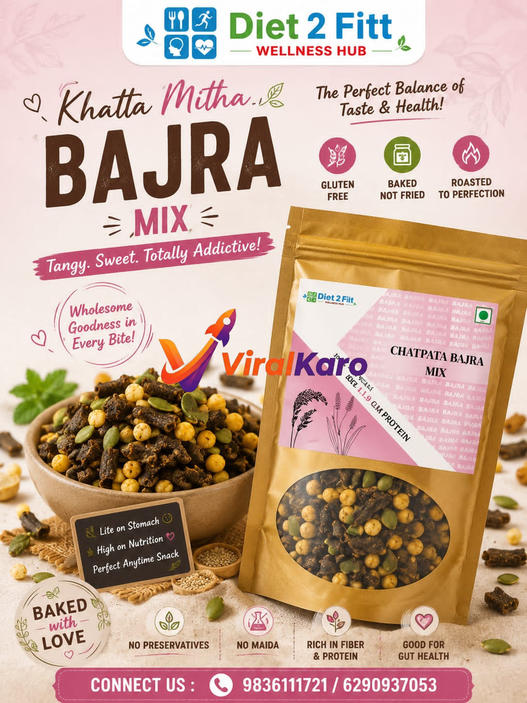 A packet of Diet 2 Fitt Chatpata Bajra Mix next to a wooden bowl filled with the roasted, gluten-free snack mix on a light textured background.