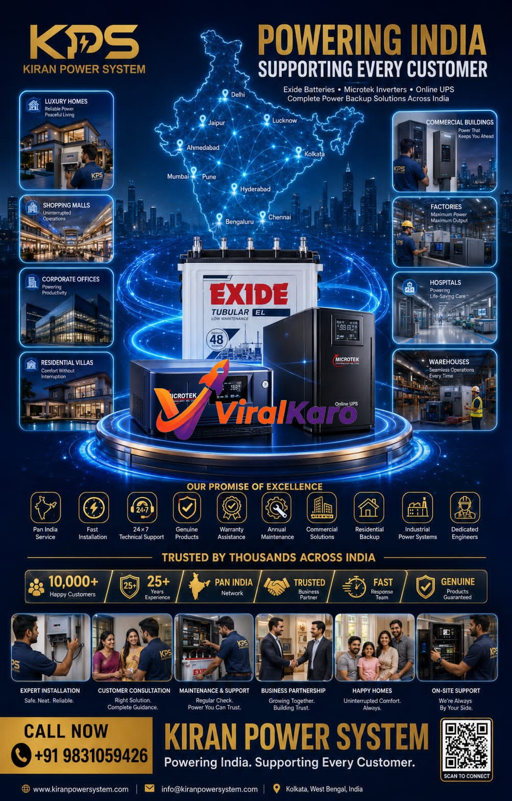 Kiran Power System promotional graphic showing India map, Exide batteries, Microtek inverters, and service features for homes and industries.
