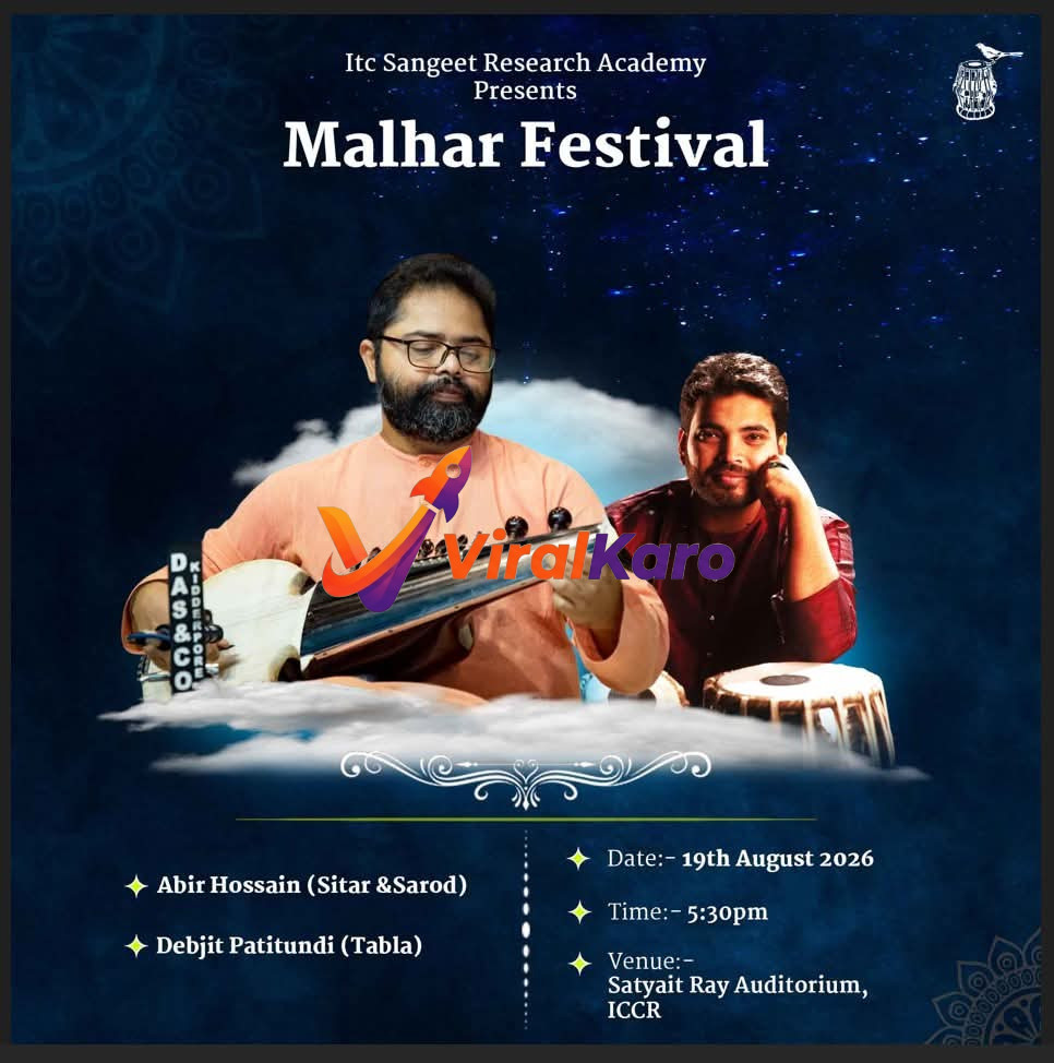 Event poster for Malhar Festival featuring musicians Abir Hossain and Debjit Patitundi at ICCR, Kolkata.