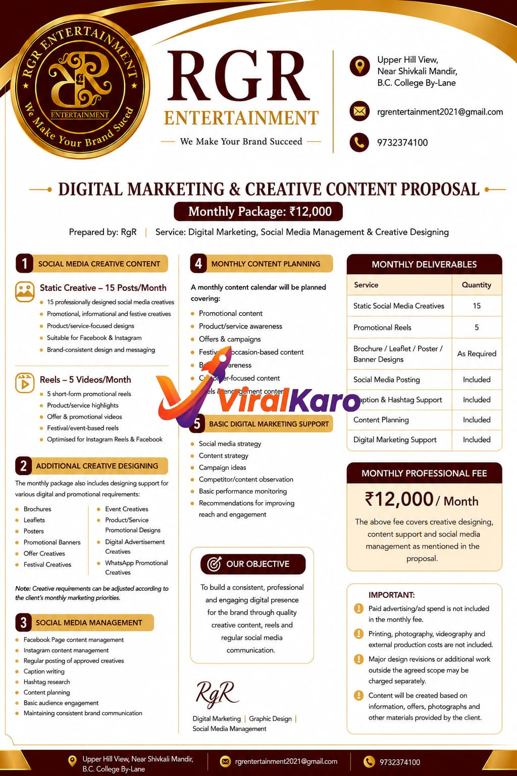 A detailed digital marketing proposal from RGR Entertainment showcasing monthly services like social media management, content creation, and graphic design.