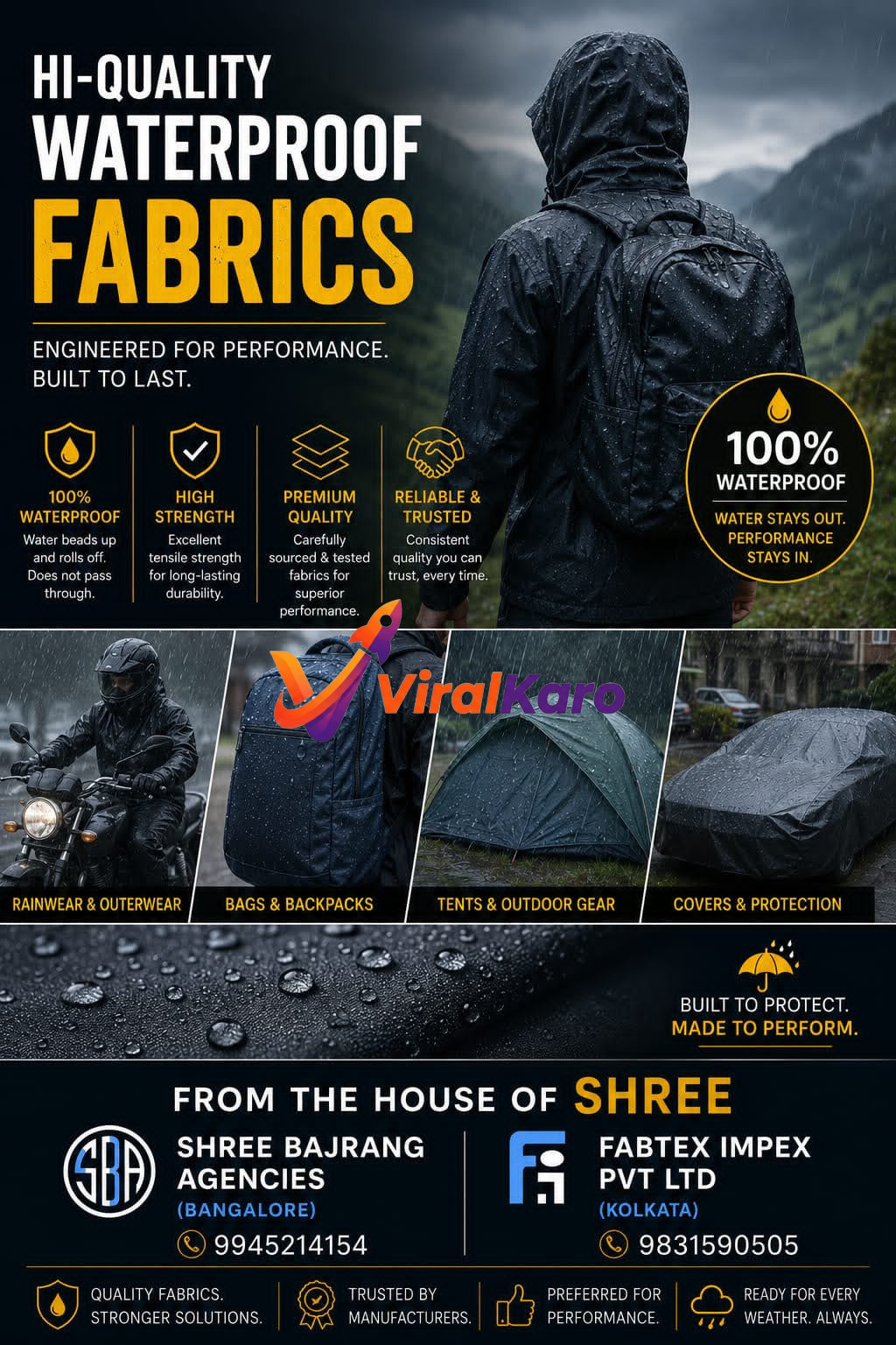 A person wearing a waterproof jacket standing in rain with labels showcasing 100% waterproof high-strength fabrics used for bags, tents, and car covers by Shree Bajrang Agencies and Fabtex Impex.