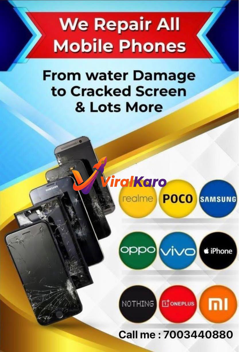 An advertisement for mobile phone repair services showing multiple smartphones with severely cracked screens. The ad features prominent logos of popular mobile brands like Realme, POCO, Samsung, Oppo, Vivo, iPhone, Nothing, OnePlus, and MI, indicating support for various manufacturers. Text reads 'We Repair All Mobile Phones From water Damage to Cracked Screen & Lots More' and includes a call to action 'Call me : 7003440880'.