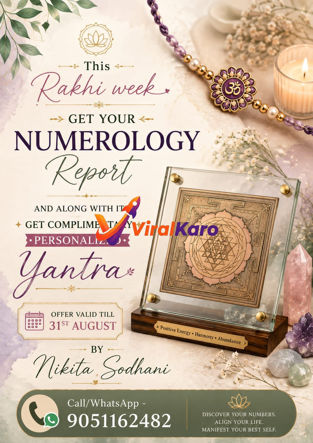 A promotional poster for a Rakhi week special offer featuring a Yantra, a Rakhi thread, crystals, and information about a Numerology Report by Nikita Sodhani.