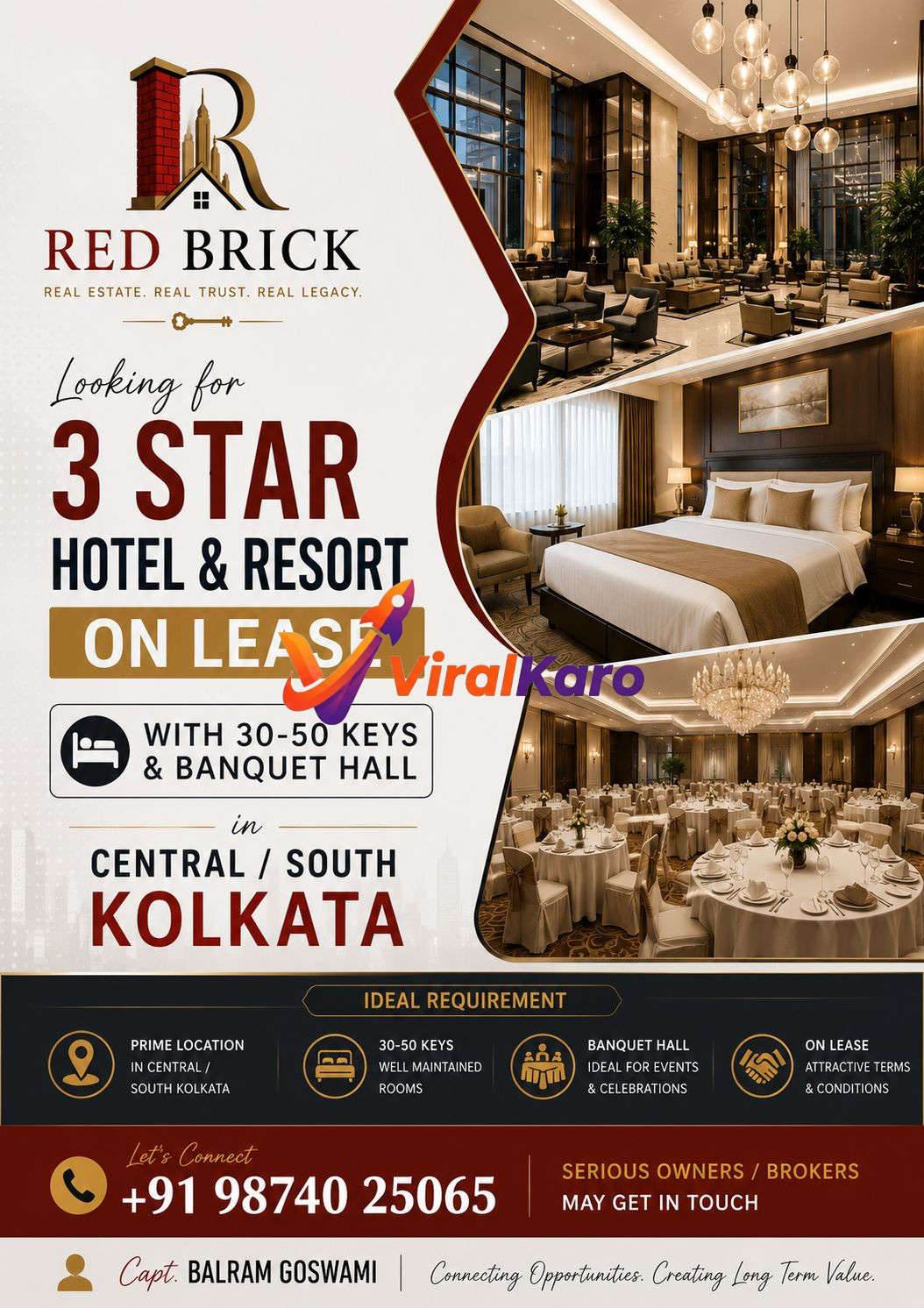 Red Brick Real Estate business flyer searching for 3-star hotels on lease in Kolkata, featuring images of luxury hotel interiors and banquet halls.