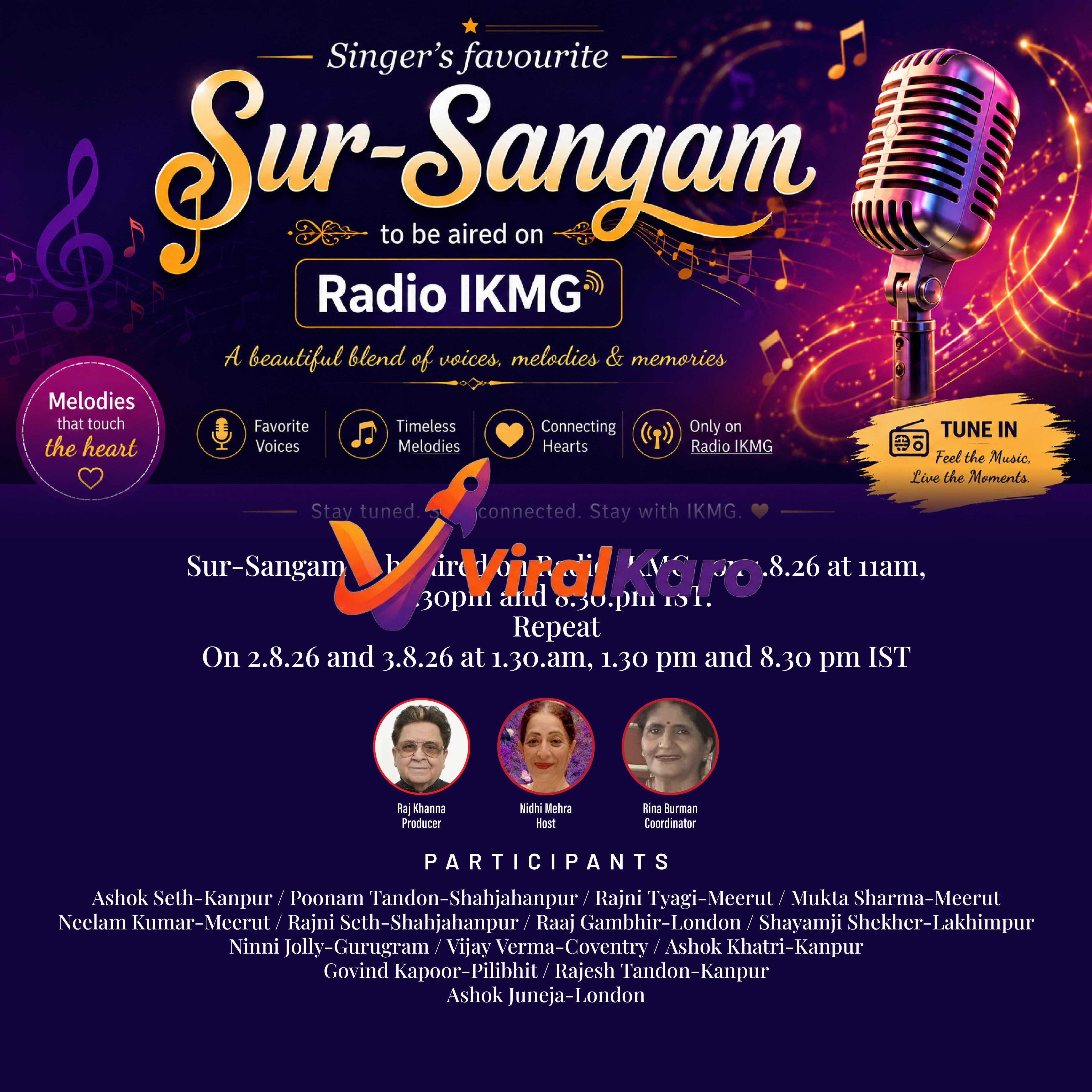 Sur-Sangam radio program flyer on Radio IKMG featuring a golden vintage microphone, event details, and photos of producer Raj Khanna, host Nidhi Mehra, and coordinator Rina Burman.