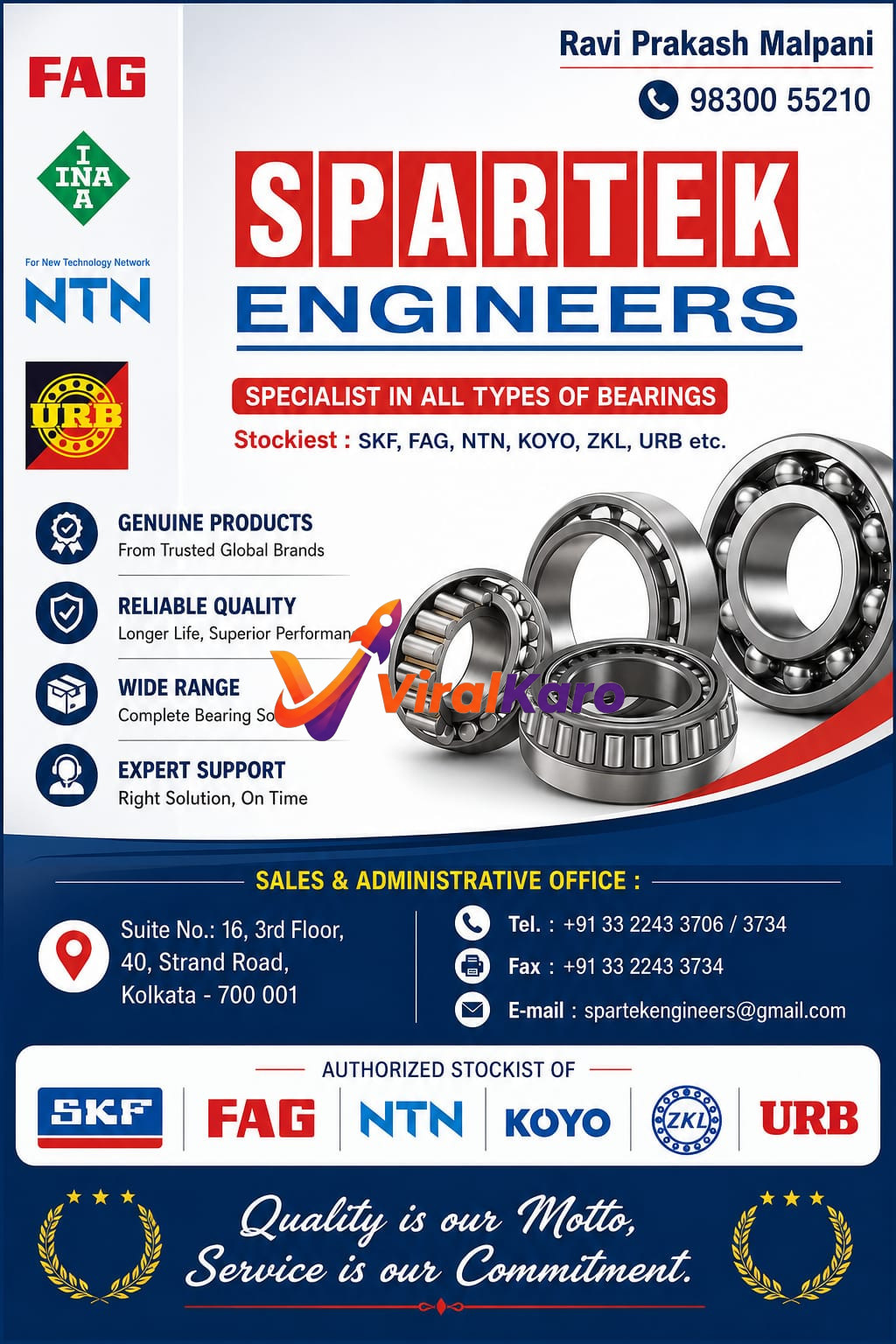 An advertisement flyer for Spartek Engineers, a bearing stockist in Kolkata, showcasing logos of brands like SKF, FAG, and NTN with contact details.