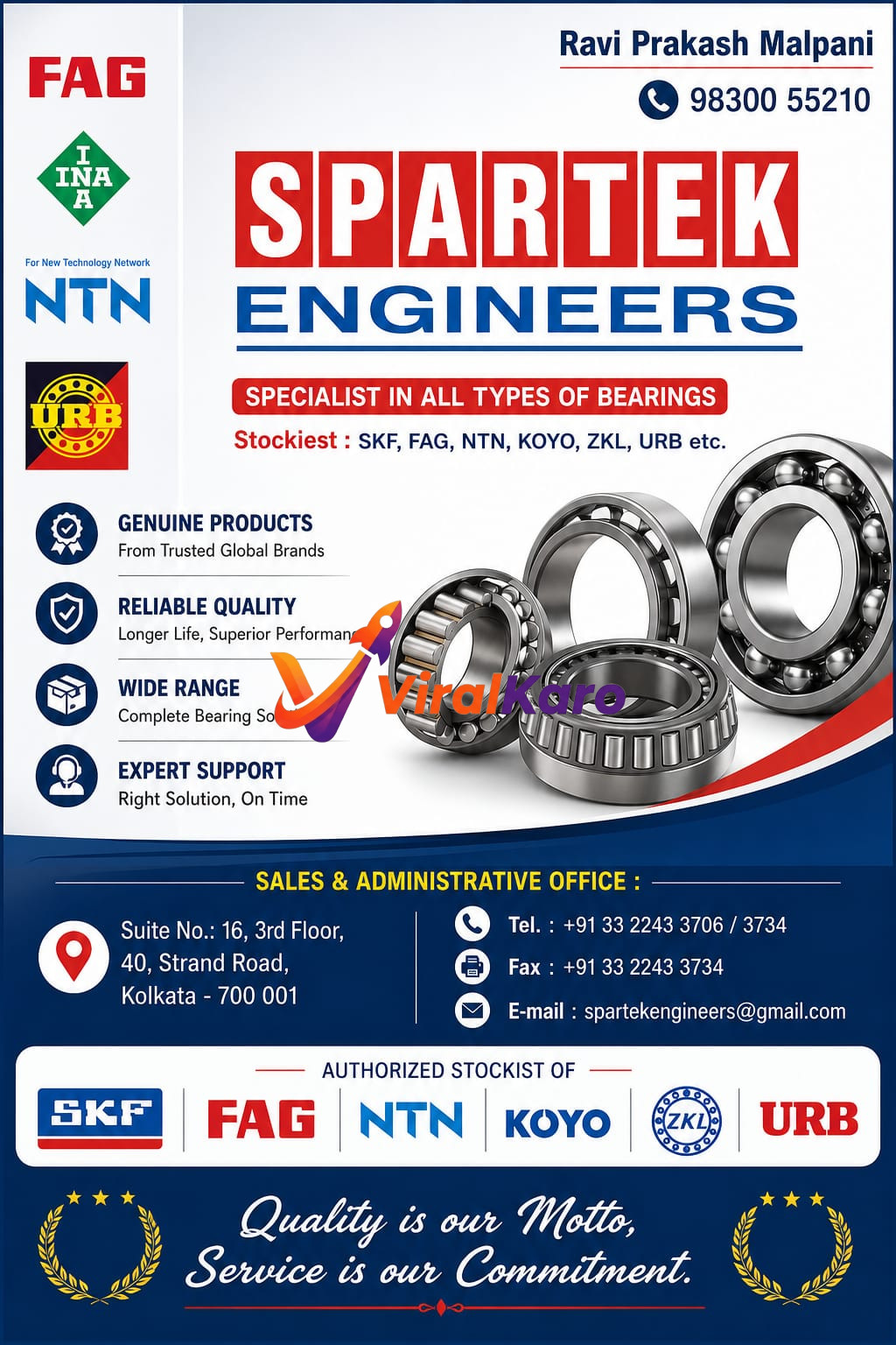 Spartek Engineers promotional banner showcasing various ball and roller bearings with brand logos like SKF and FAG.