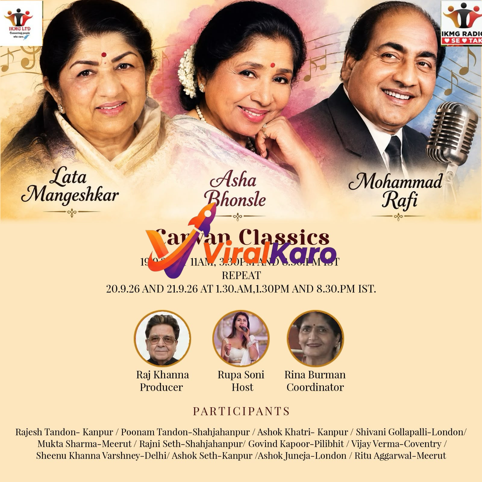 Event poster for Carvan Classics featuring photos of Lata Mangeshkar, Asha Bhonsle, and Mohammad Rafi, with program details for September 2026.