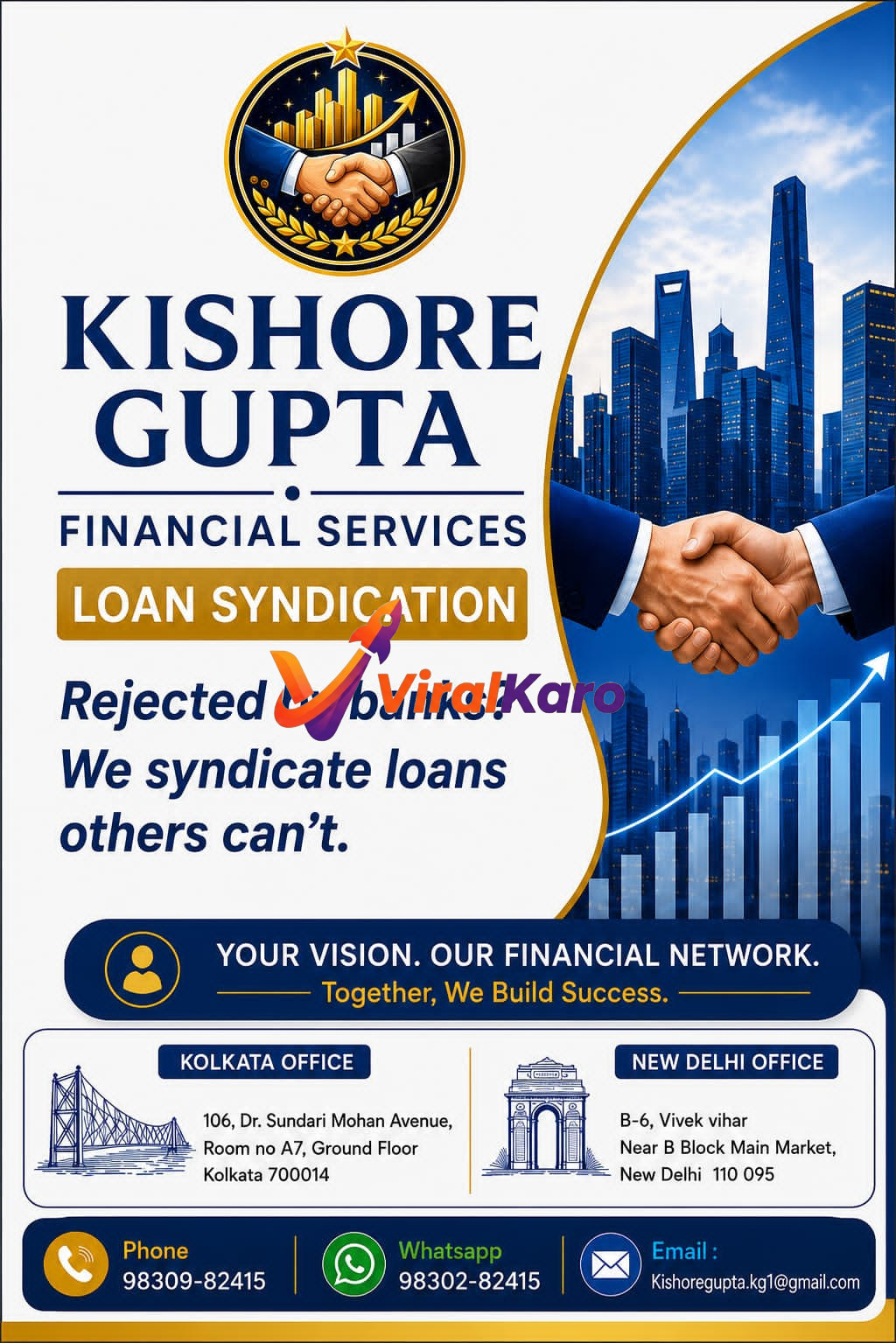Professional business advertisement for Kishore Gupta Financial Services featuring loan syndication services with office locations in Kolkata and New Delhi.