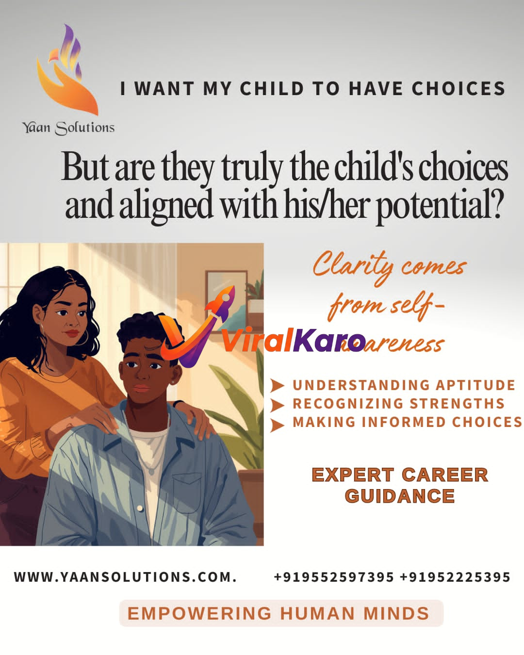 An advertisement for Yaan Solutions' Expert Career Guidance services. The image features a stylized logo with a hand and flame, text questioning if a child's choices align with their potential, and key benefits like understanding aptitude, recognizing strengths, and making informed choices. An illustration of an adult woman supporting a young man visually represents guidance. Contact details and website are prominently displayed.