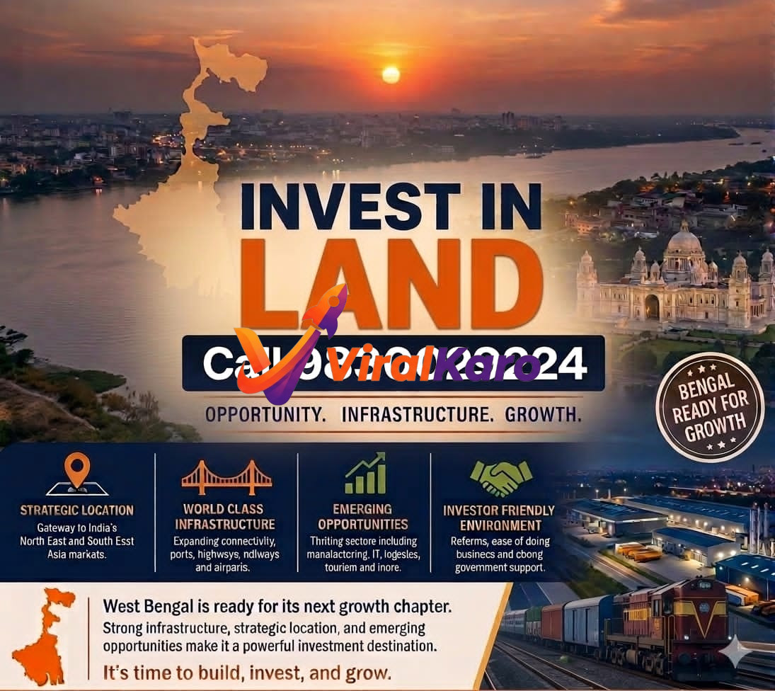 An aerial view of Kolkata with the Hooghly River at sunset, Victoria Memorial, and a modern industrial complex with a train, overlaid with text 'Invest in Land Call 9830029224' and key investment benefits of West Bengal like strategic location, infrastructure, and growth opportunities.