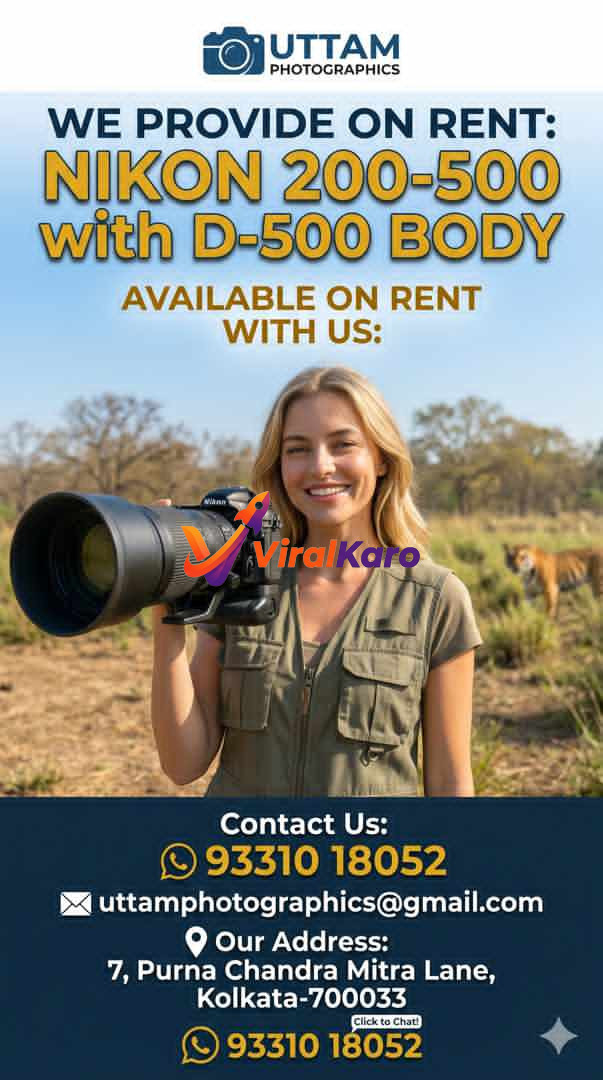 A smiling woman in a safari vest holding a professional Nikon camera with a large telephoto lens in a wildlife setting, promoting camera rental services.