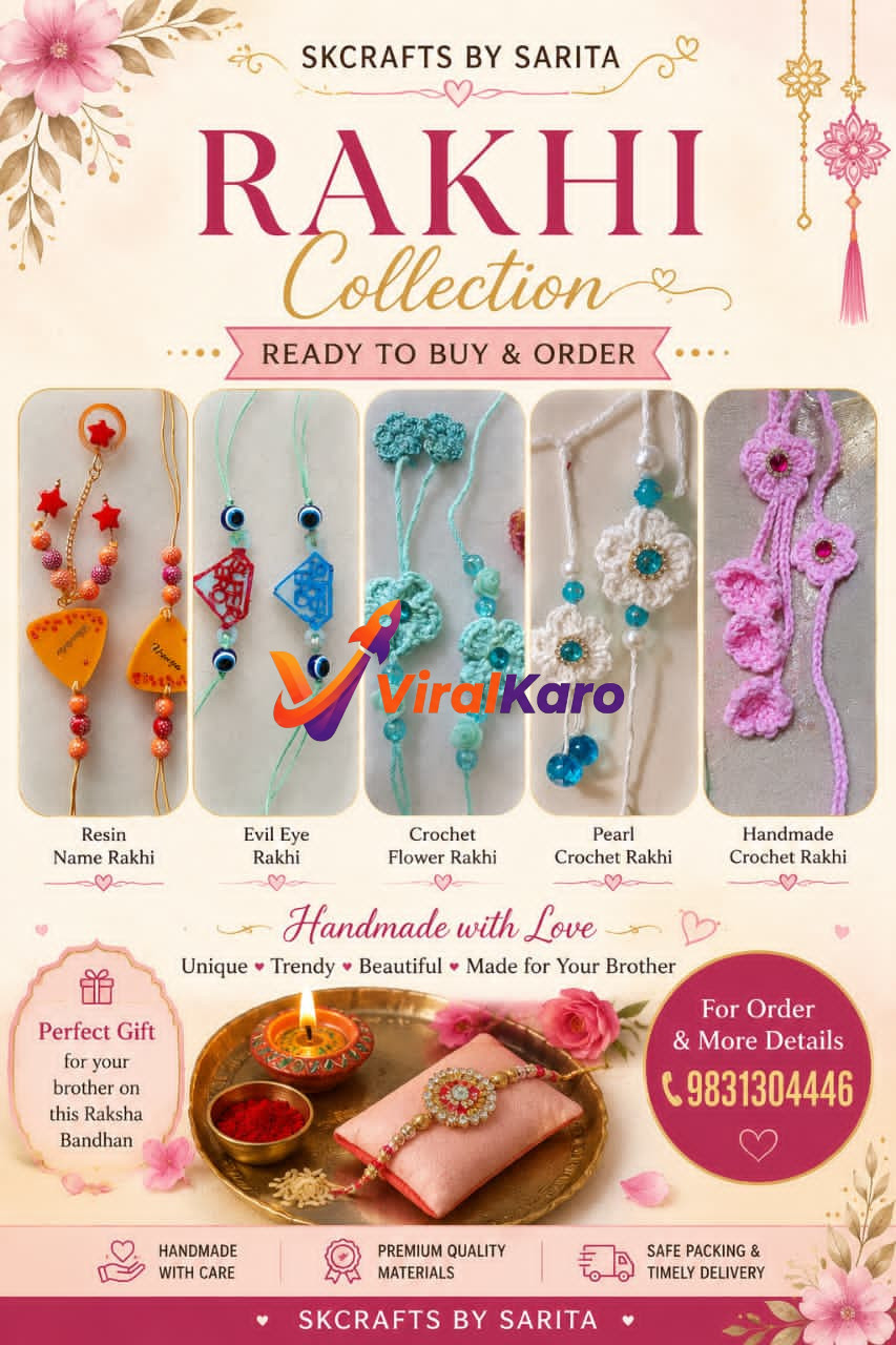 A promotional poster for SKCrafts by Sarita showcasing various handmade Rakhis including Resin, Evil Eye, and Crochet designs with a traditional thali in the background.