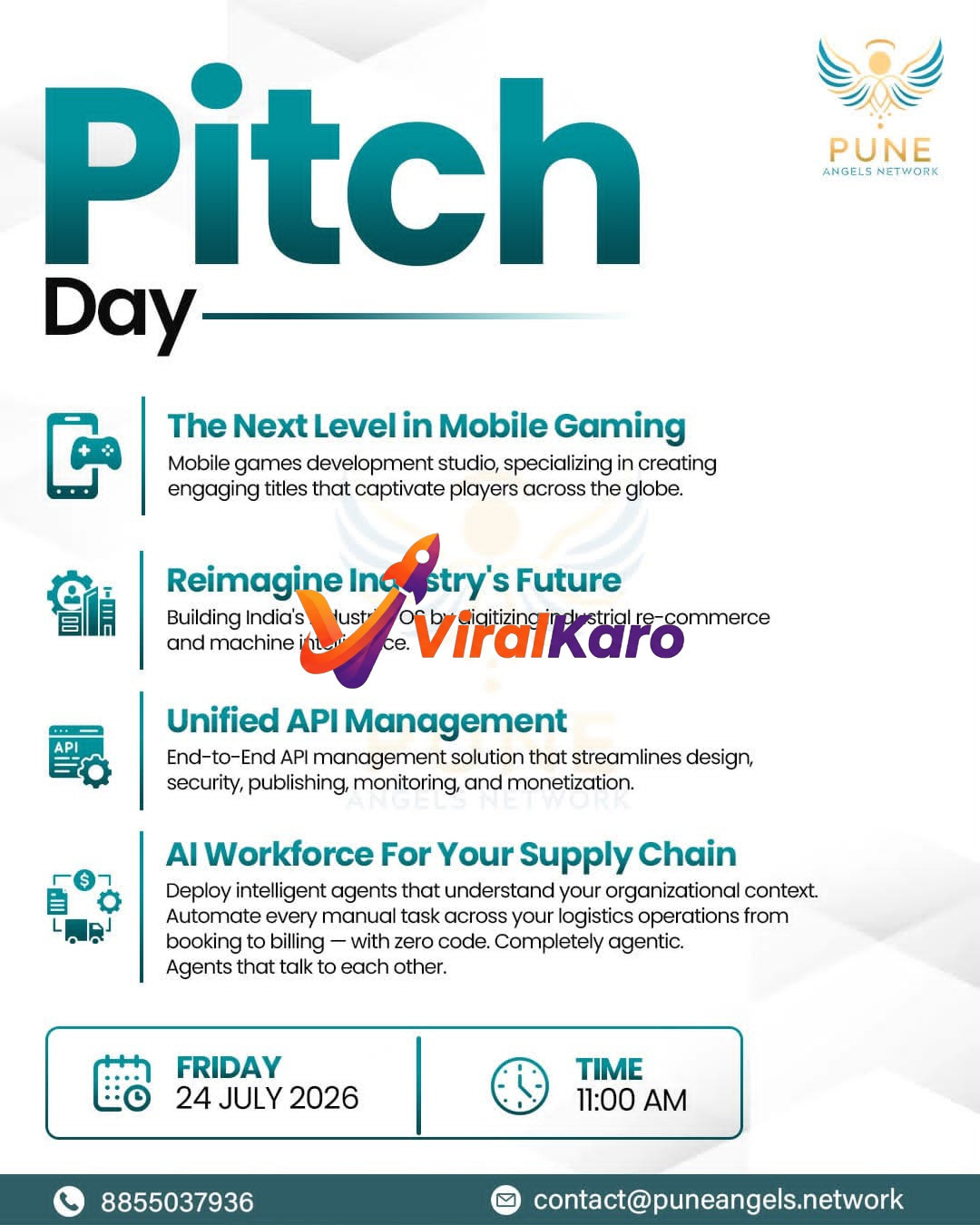 Flyer for Pune Angels Network Pitch Day showing startup categories and event details for July 24, 2026.