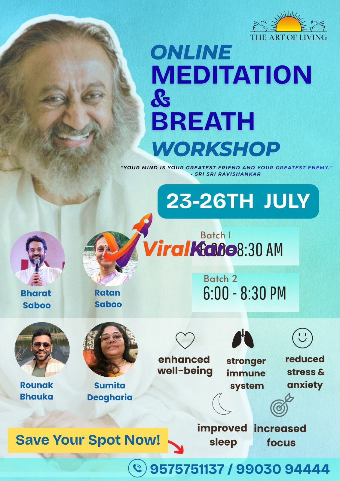 Promotional poster for The Art of Living Online Meditation and Breath Workshop featuring Sri Sri Ravi Shankar and four instructors with workshop dates and benefits.