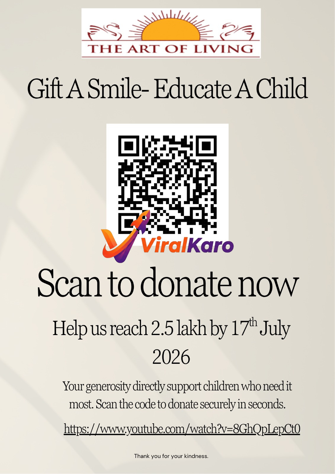 Digital poster for The Art of Living's Gift A Smile initiative featuring a QR code for donations to educate children by July 17 2026.