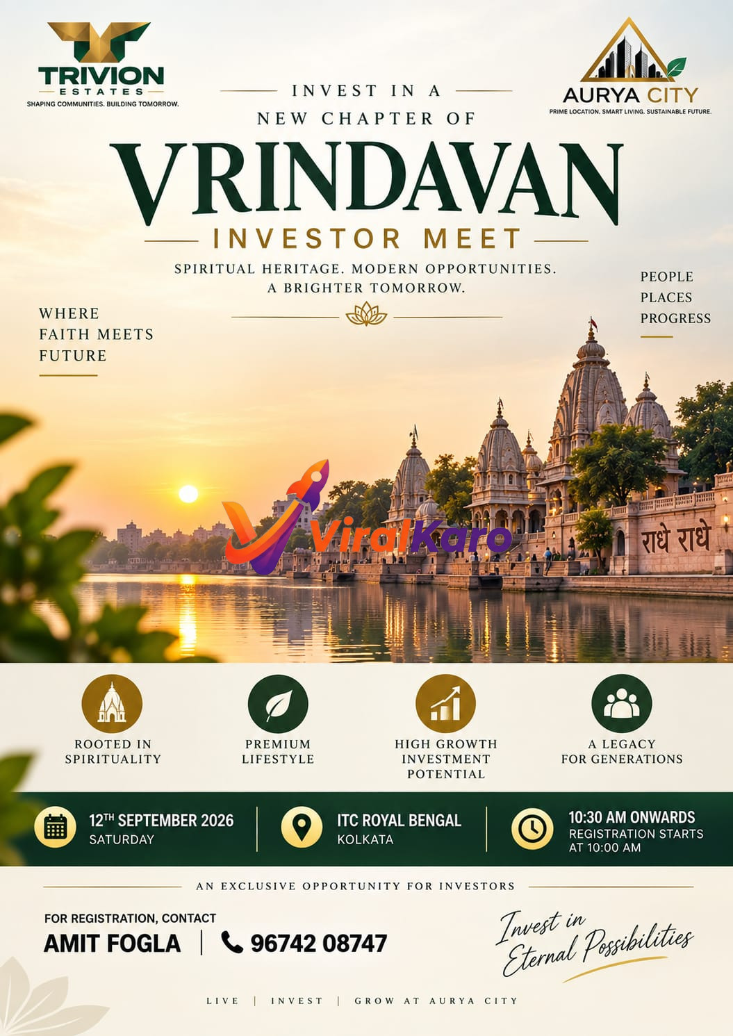 Flyer for the Vrindavan Investor Meet hosted by Trivion Estates and Aurya City at ITC Royal Bengal, featuring serene temple architecture and event details.