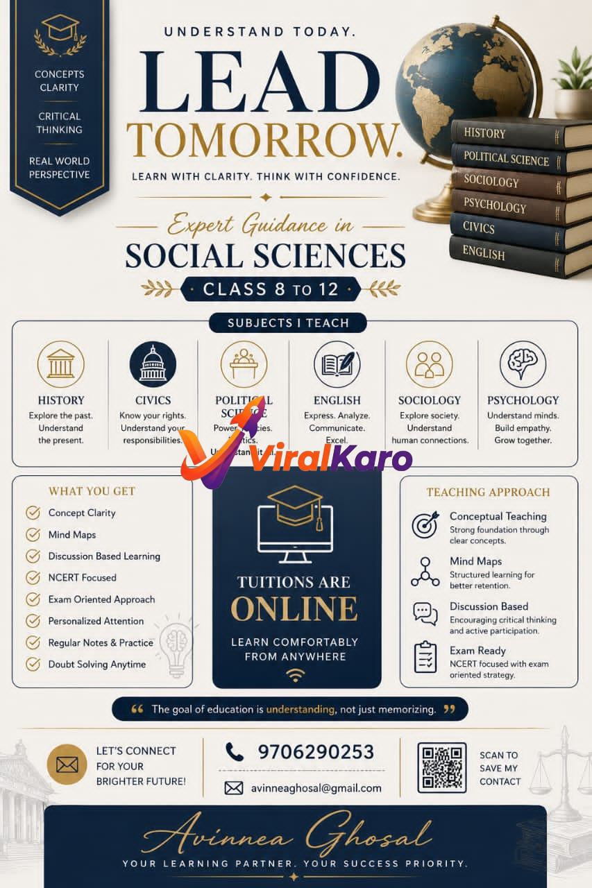 Educational flyer for online Social Science tuitions by Avinnea Ghosal, covering subjects like History, Civics, and Psychology for Class 8 to 12 students.
