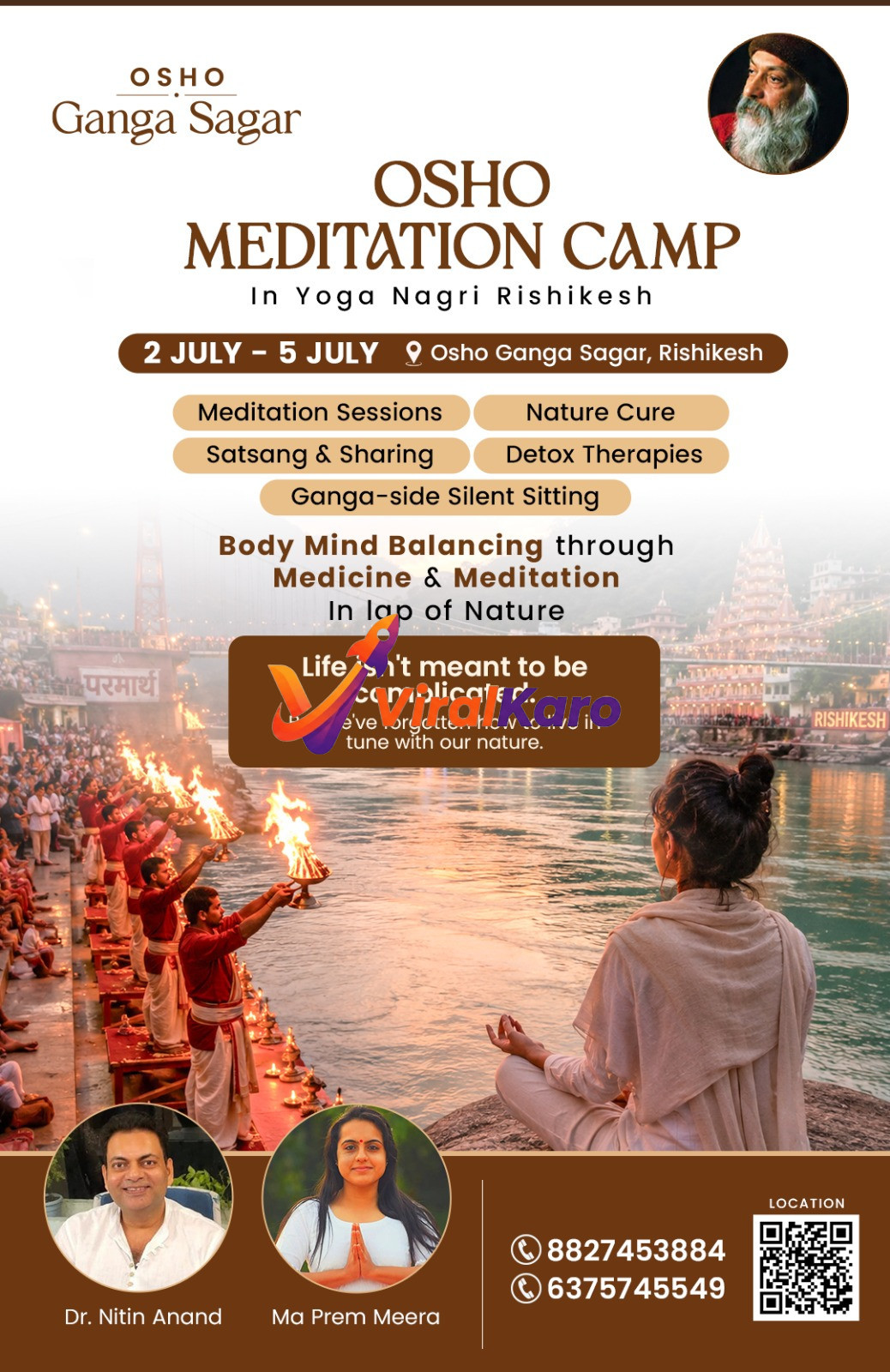 Flyer for Osho Meditation Camp in Rishikesh showing a person meditating by the Ganga river at sunset, featuring event dates, activity list, and facilitator photos.
