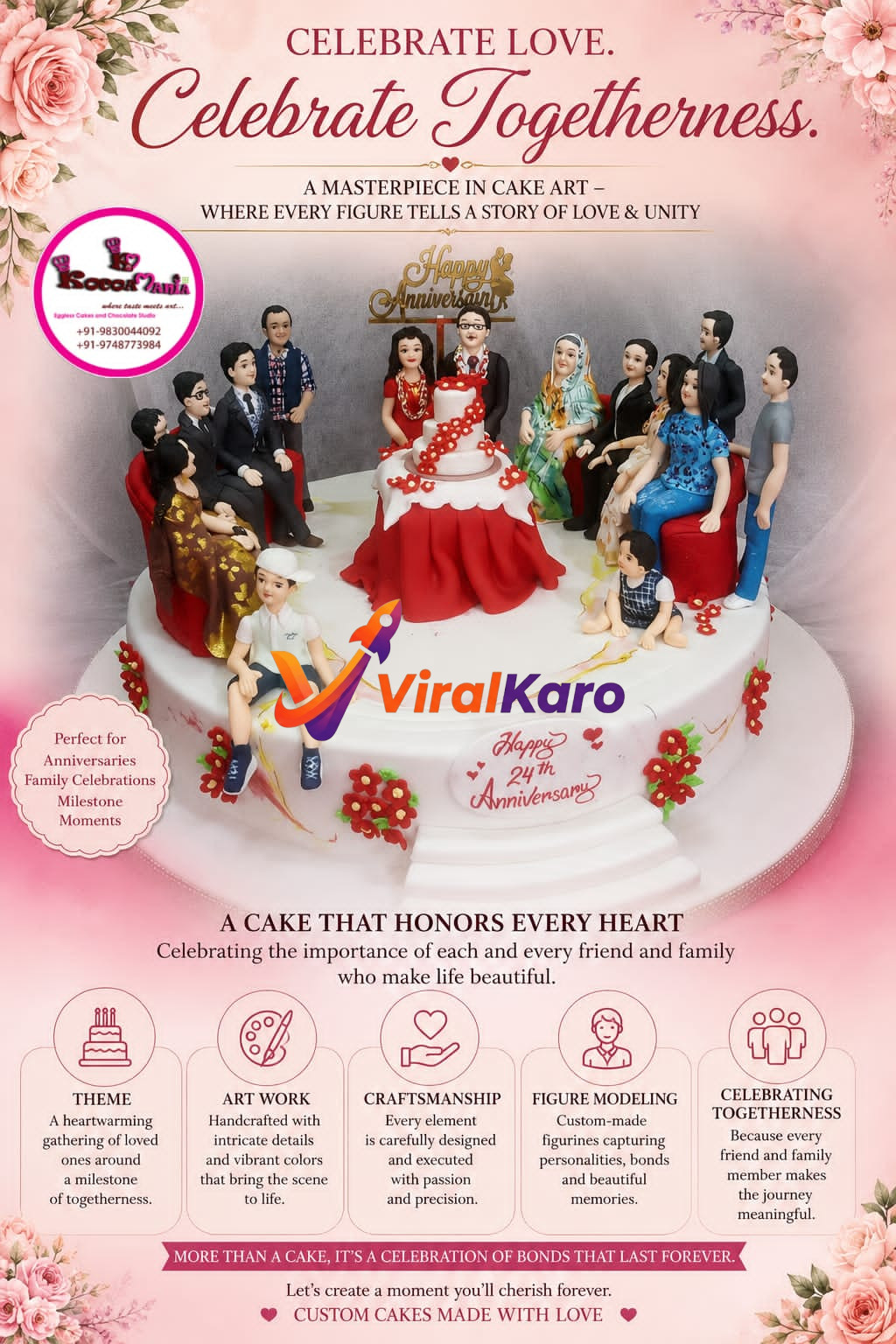 A large, multi-tiered white and red custom anniversary cake by Kocor Mania, featuring edible figurines of a diverse Indian family gathered around, celebrating a 'Happy 24th Anniversary'. The cake is adorned with red flowers and stairs, symbolizing unity and milestone celebrations. The image showcases intricate artwork and craftsmanship for personalized family events.