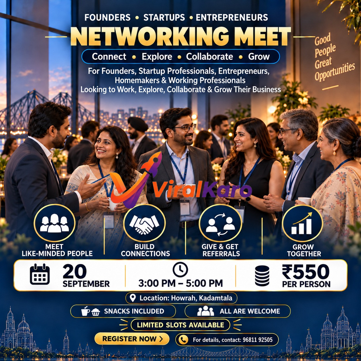A group of diverse Indian professionals networking and drinking coffee at a business event with the Howrah Bridge silhouette in the background.