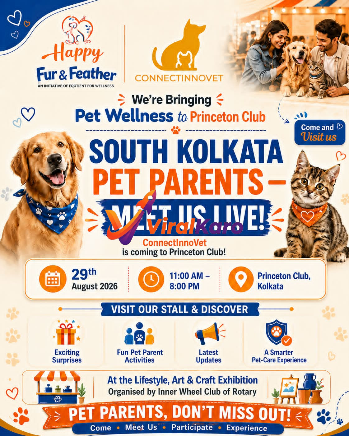 Promotional event poster for ConnectInnoVet pet wellness at Princeton Club in Kolkata featuring a golden retriever and a tabby cat.