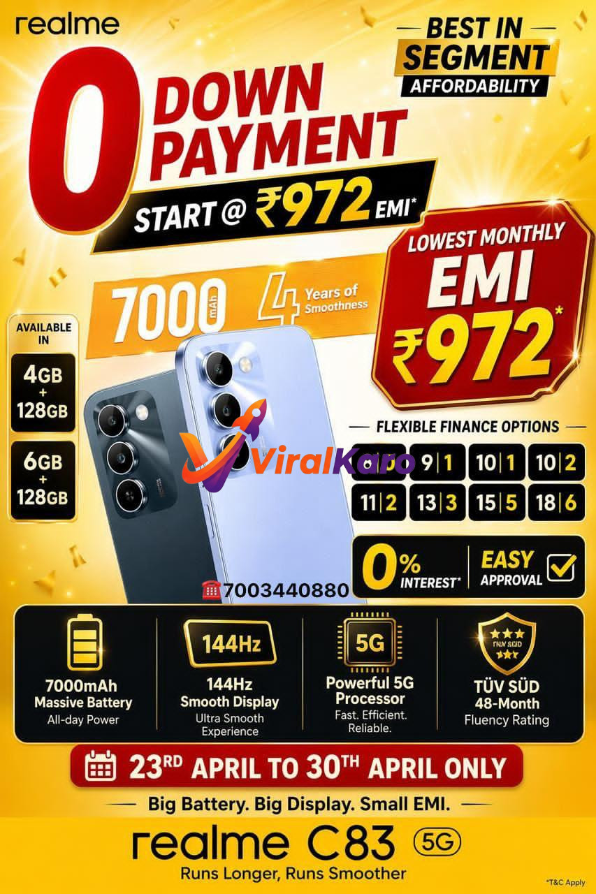 An advertisement for the realme C83 5G smartphone, showcasing its features and an exclusive offer. The image highlights '0 Down Payment' and 'Lowest Monthly EMI ₹972', along with '0% Interest' and 'Easy Approval'. Key specifications like 7000mAh Massive Battery, 144Hz Smooth Display, Powerful 5G Processor, and TÜV SÜD 48-Month Fluency Rating are prominently displayed. The offer is valid from 23rd April to 30th April. Two realme C83 phones, one light blue and one dark grey, are shown with their triple camera setups. The ad also mentions memory variants: 4GB+128GB and 6GB+128GB, and a contact number 7003440880.