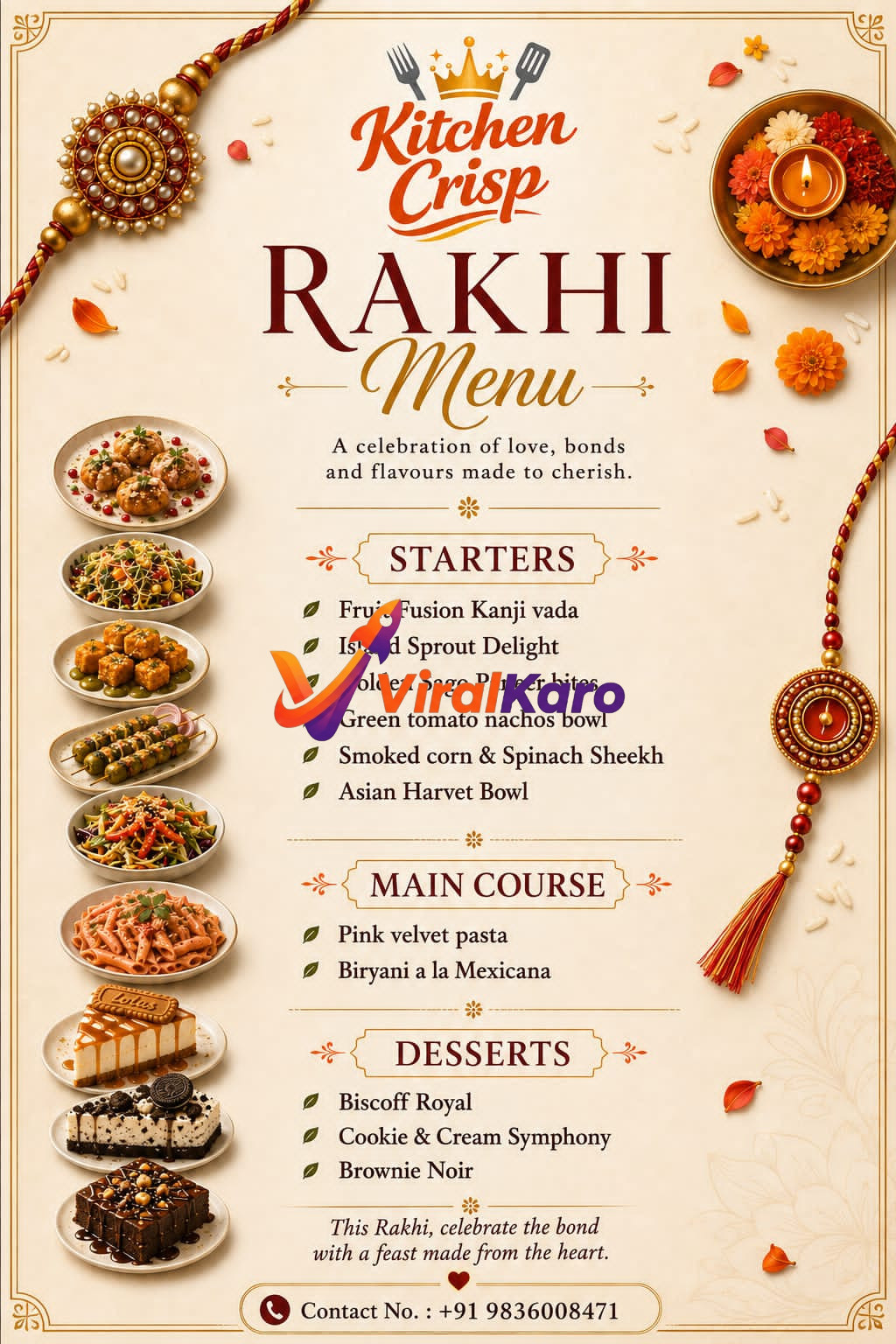 A festive menu card from Kitchen Crisp featuring various gourmet dishes like Pink velvet pasta, Biscoff Royal, and Kanji vada, decorated with Rakhi motifs for Raksha Bandhan.