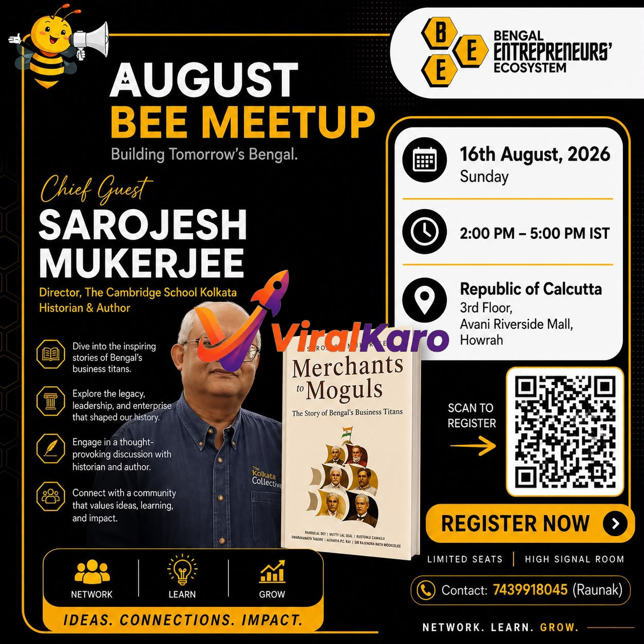 Flyer for the August BEE Meetup featuring Sarojesh Mukerjee, author of Merchants to Moguls, with event details including date, time, and location at Avani Riverside Mall.