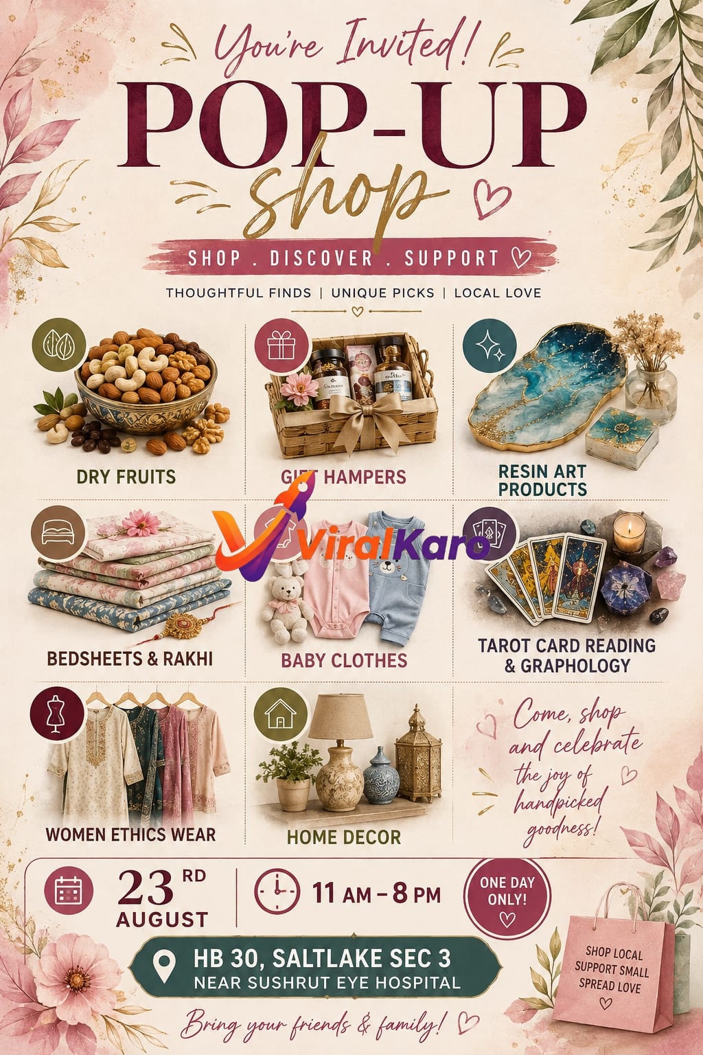 Flyer for a one-day pop-up shop event in Salt Lake, Kolkata, featuring categories like dry fruits, gift hampers, resin art, baby clothes, and tarot reading.