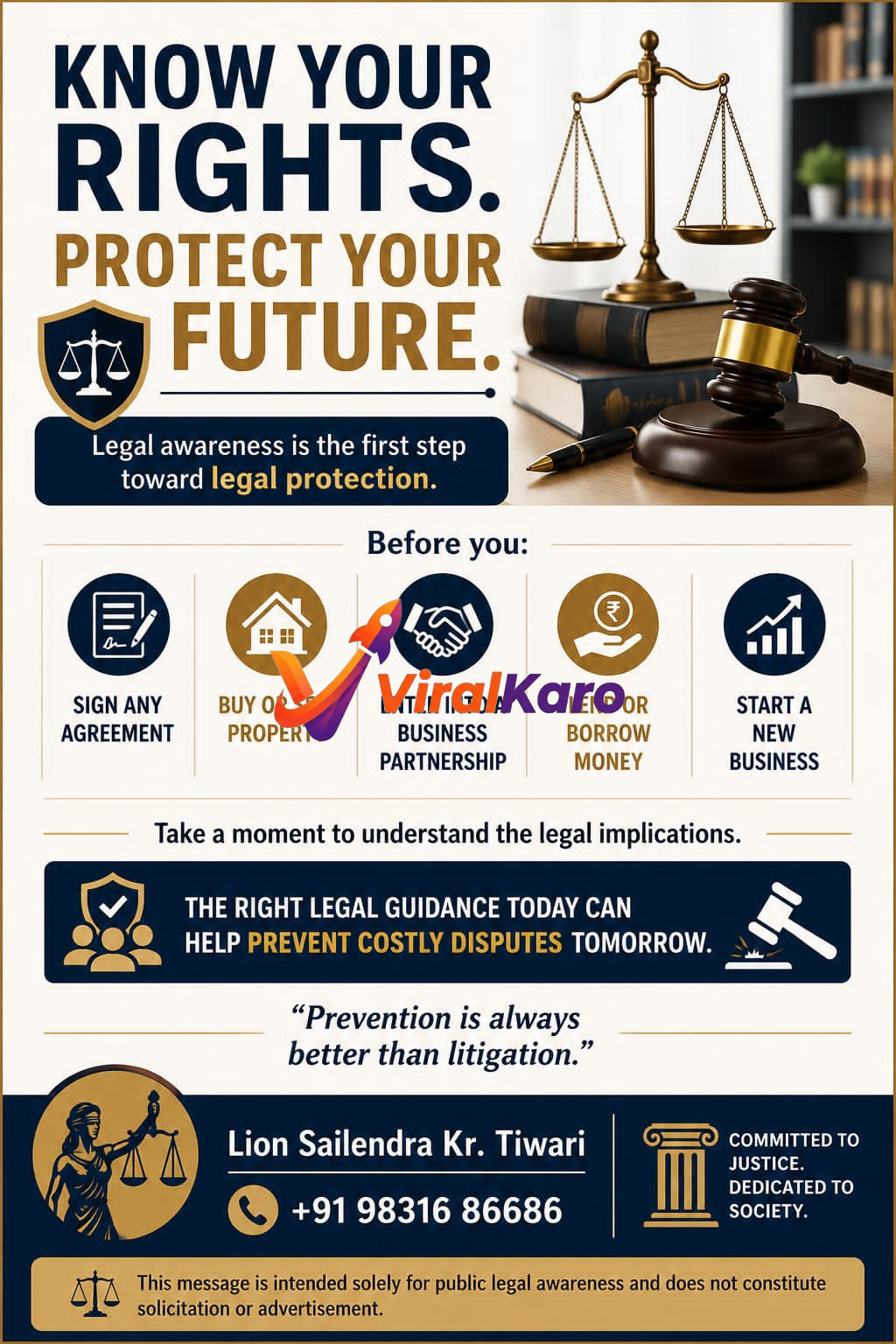 An informative legal awareness poster featuring the scales of justice, a gavel, and professional advice on legal protection and business agreements by Lion Sailendra Kr. Tiwari.