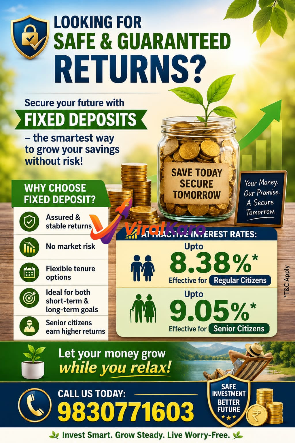 An advertisement for Fixed Deposits, featuring a glass jar filled with gold coins and a small plant symbolizing growth. Stacks of gold coins are beside it. Text promotes 'Safe & Guaranteed Returns' and 'Attractive Interest Rates: Upto 8.38% for Regular Citizens and Upto 9.05% for Senior Citizens'. Key benefits like 'Assured & stable returns' and 'No market risk' are listed. A call to action with phone number 9830771603 is prominent, alongside an illustration of a person relaxing on a beach, representing financial peace of mind.
