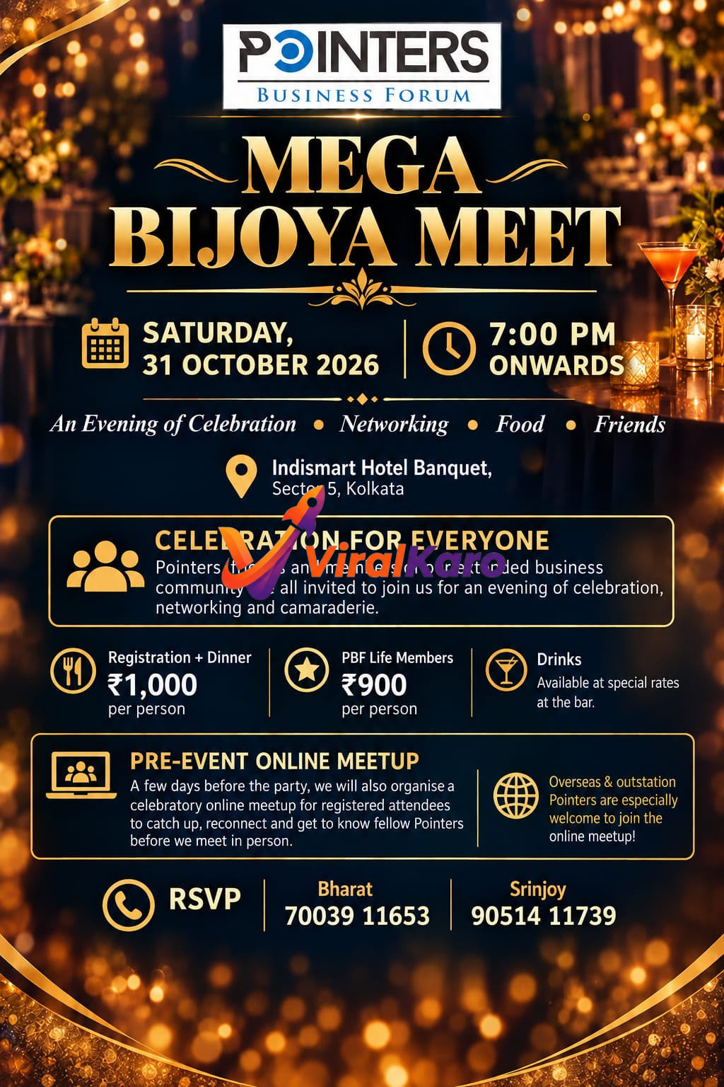 Event flyer for Pointers Business Forum Mega Bijoya Meet on October 31, 2026, at Indismart Hotel, Kolkata with event details and RSVP contacts.