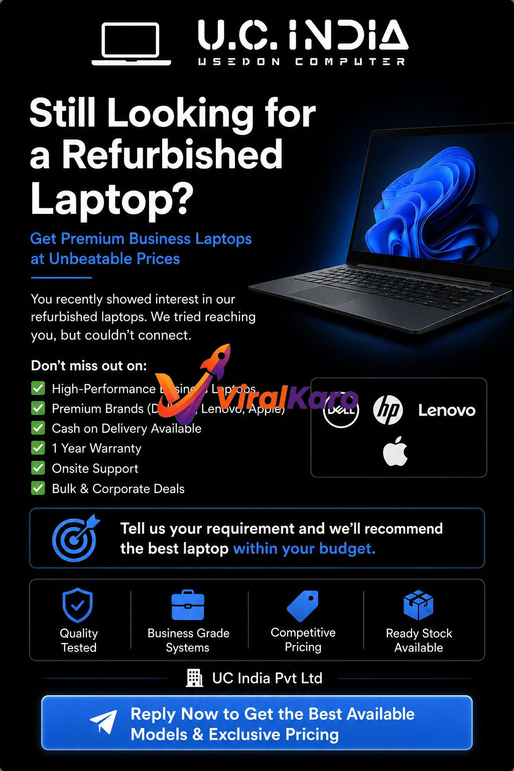 Refurbished business laptops from Dell, HP, Lenovo, and Apple at UC India with 1-year warranty and onsite support.