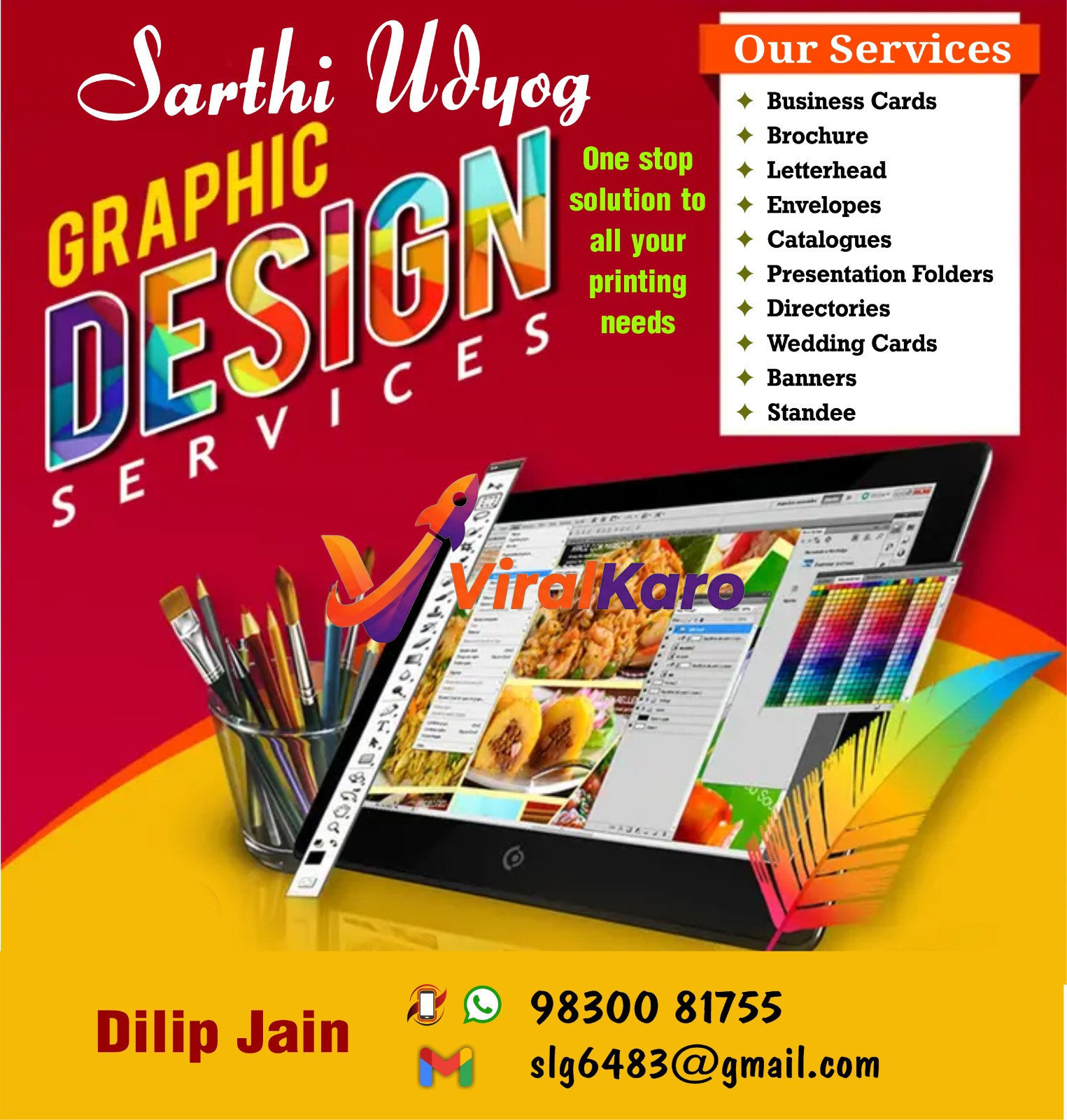 Sarthi Udyog promotional graphic design and printing services advertisement showing design tools and a list of services provided by Dilip Jain in Kolkata.