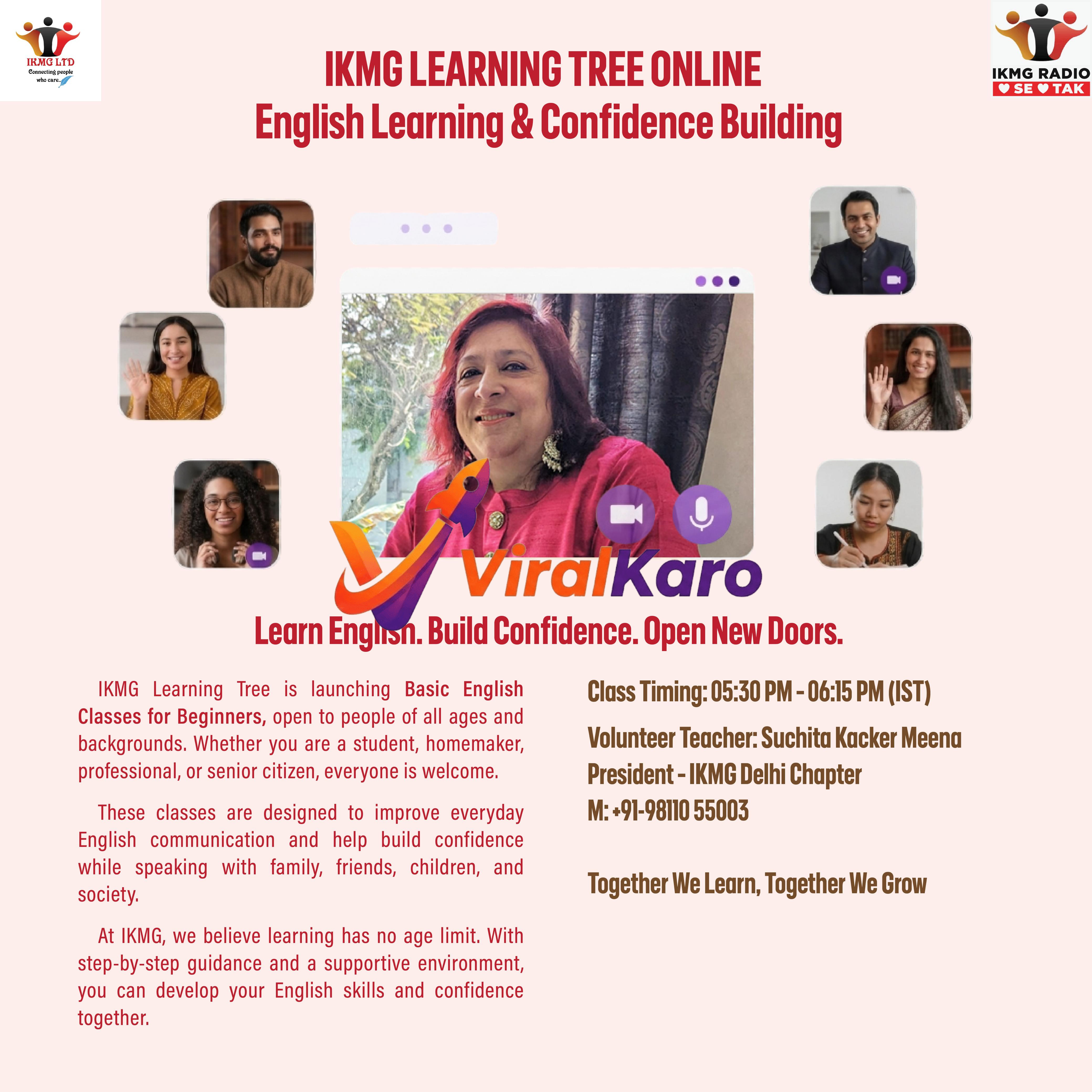 A digital flyer promoting IKMG Learning Tree Online English Learning & Confidence Building classes. The image shows a central woman, Suchita Kacker Meena, leading an online video call with five diverse participants in smaller video tiles. Text details class timings (5:30 PM - 6:15 PM IST), target audience (beginners, all ages), benefits, and contact number (+91-98110 55003) for the IKMG Delhi Chapter.