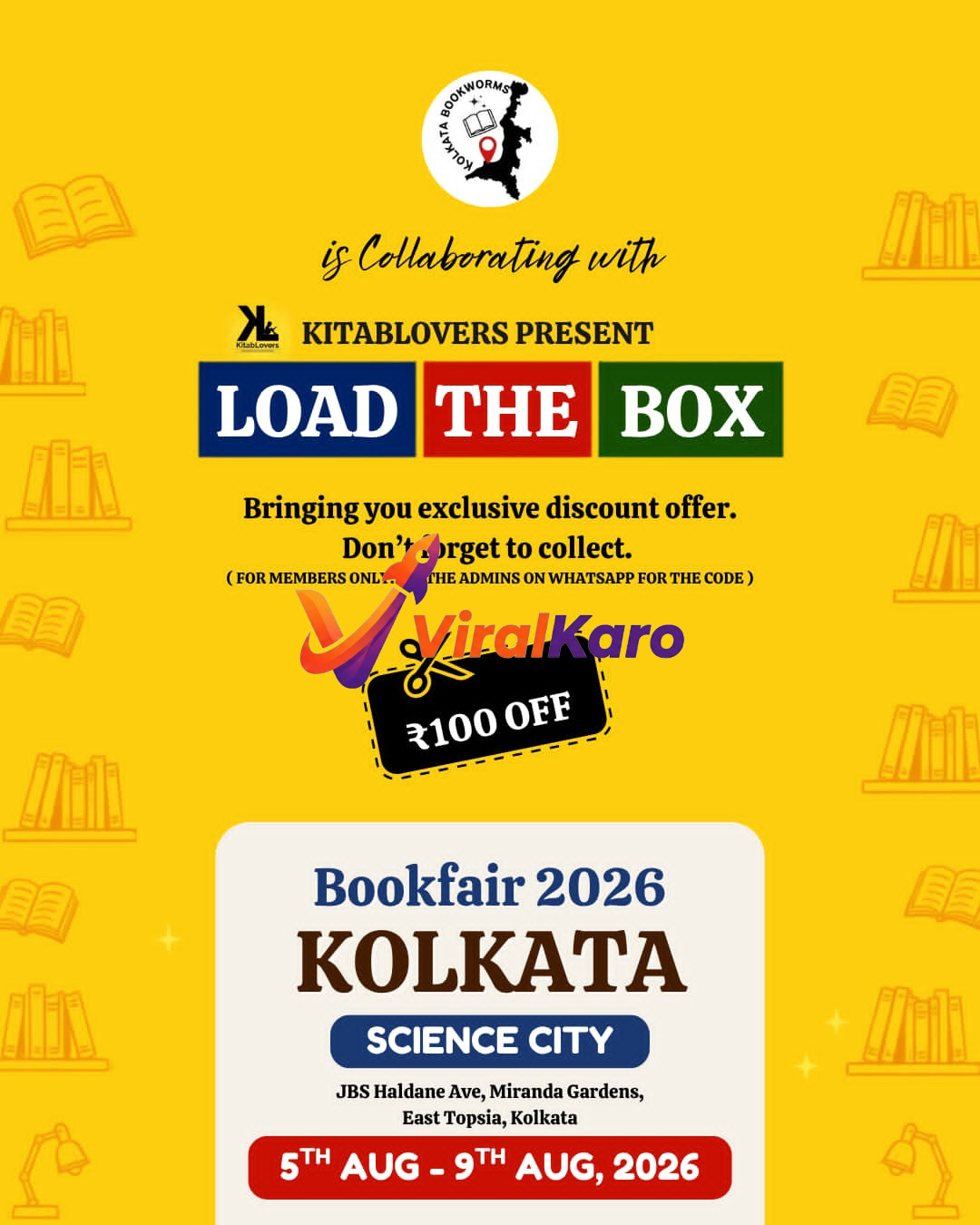 Load The Box Kolkata 2026 event poster at Science City, announcing a book fair from August 5th to 9th with an exclusive member discount offer.