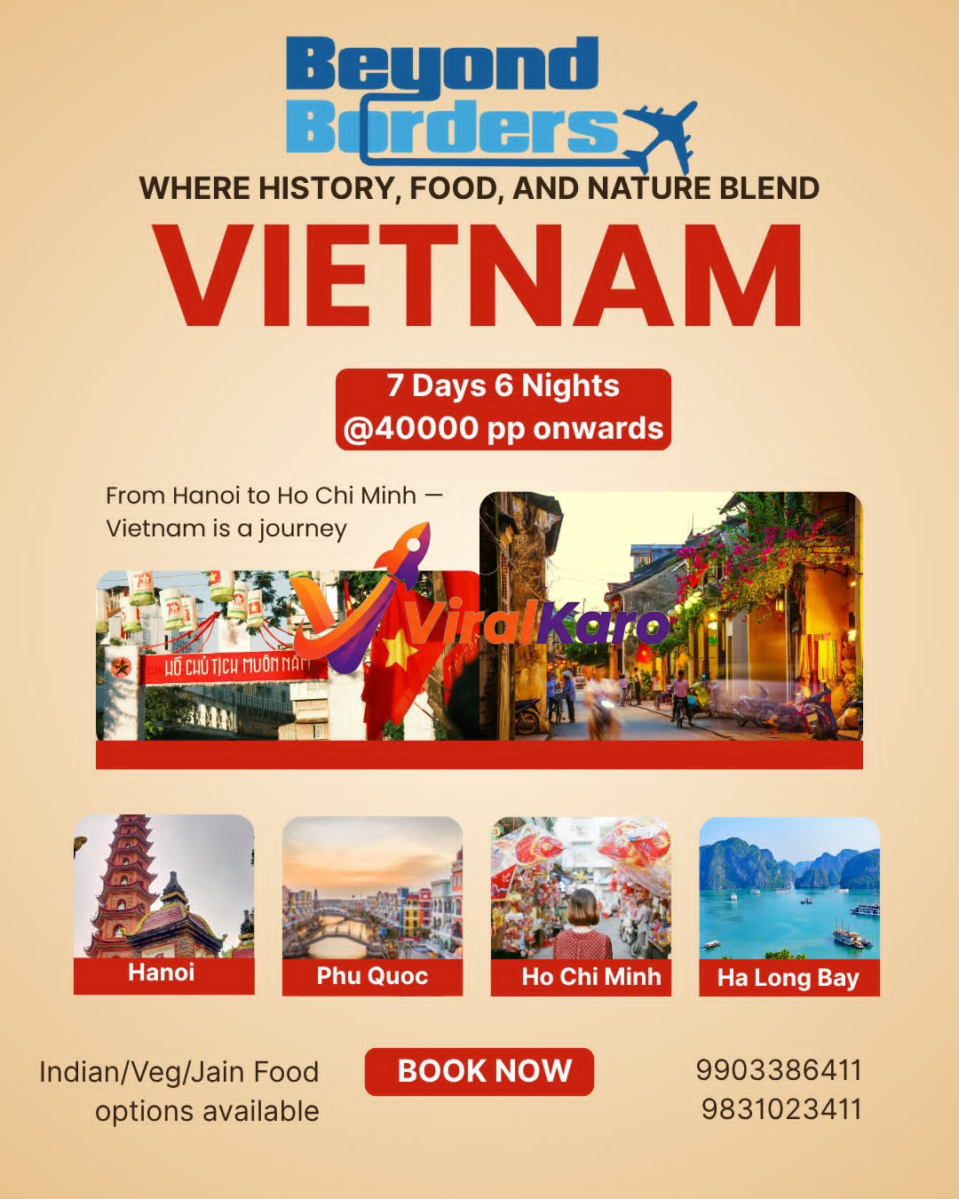 Travel poster for a 7-day Vietnam tour package by Beyond Borders featuring images of Hanoi, Ho Chi Minh City, Ha Long Bay, and Phu Quoc.