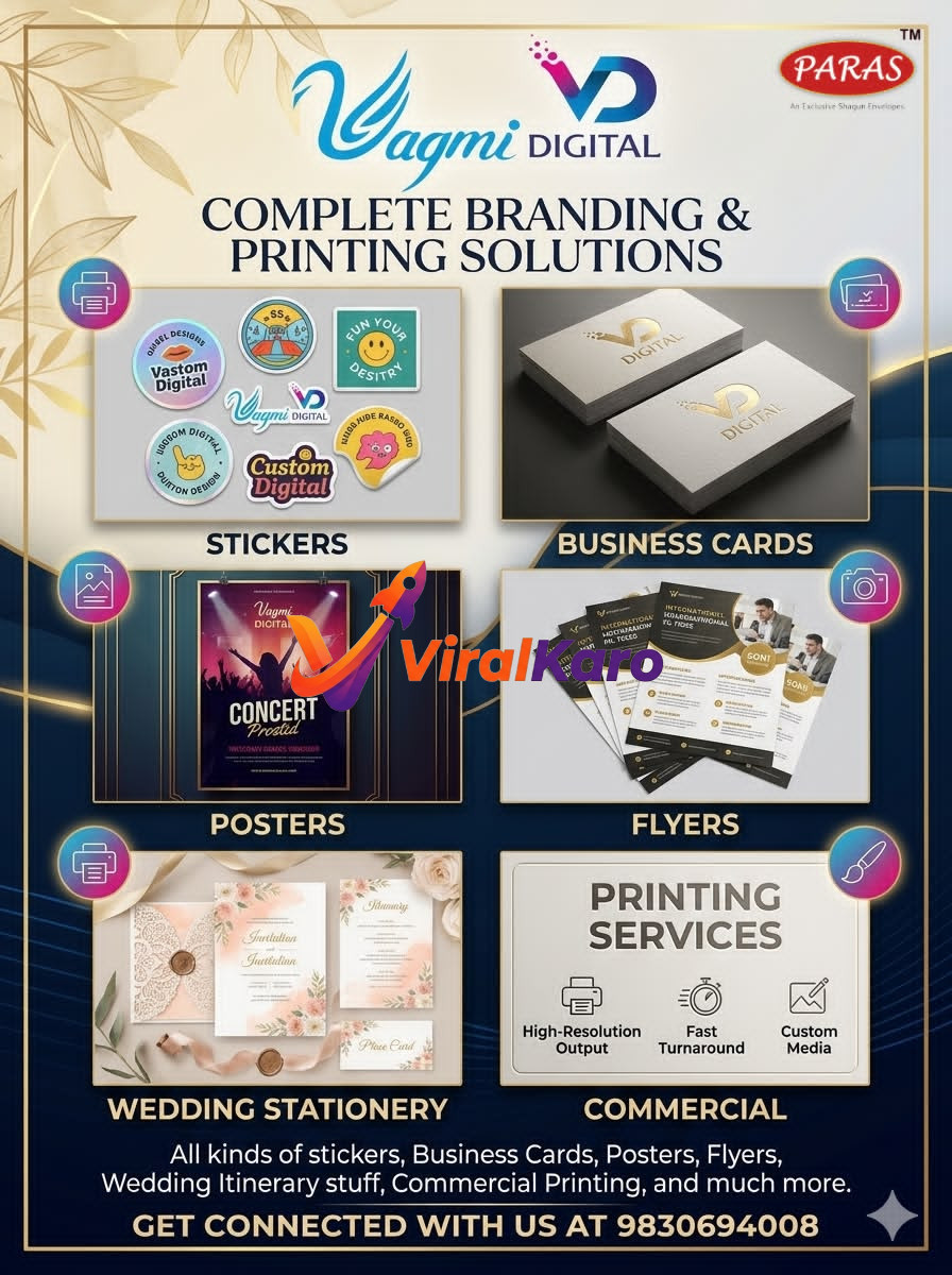 Vagmi Digital advertisement showcasing professional printing services including stickers, business cards, posters, flyers, and wedding stationery.