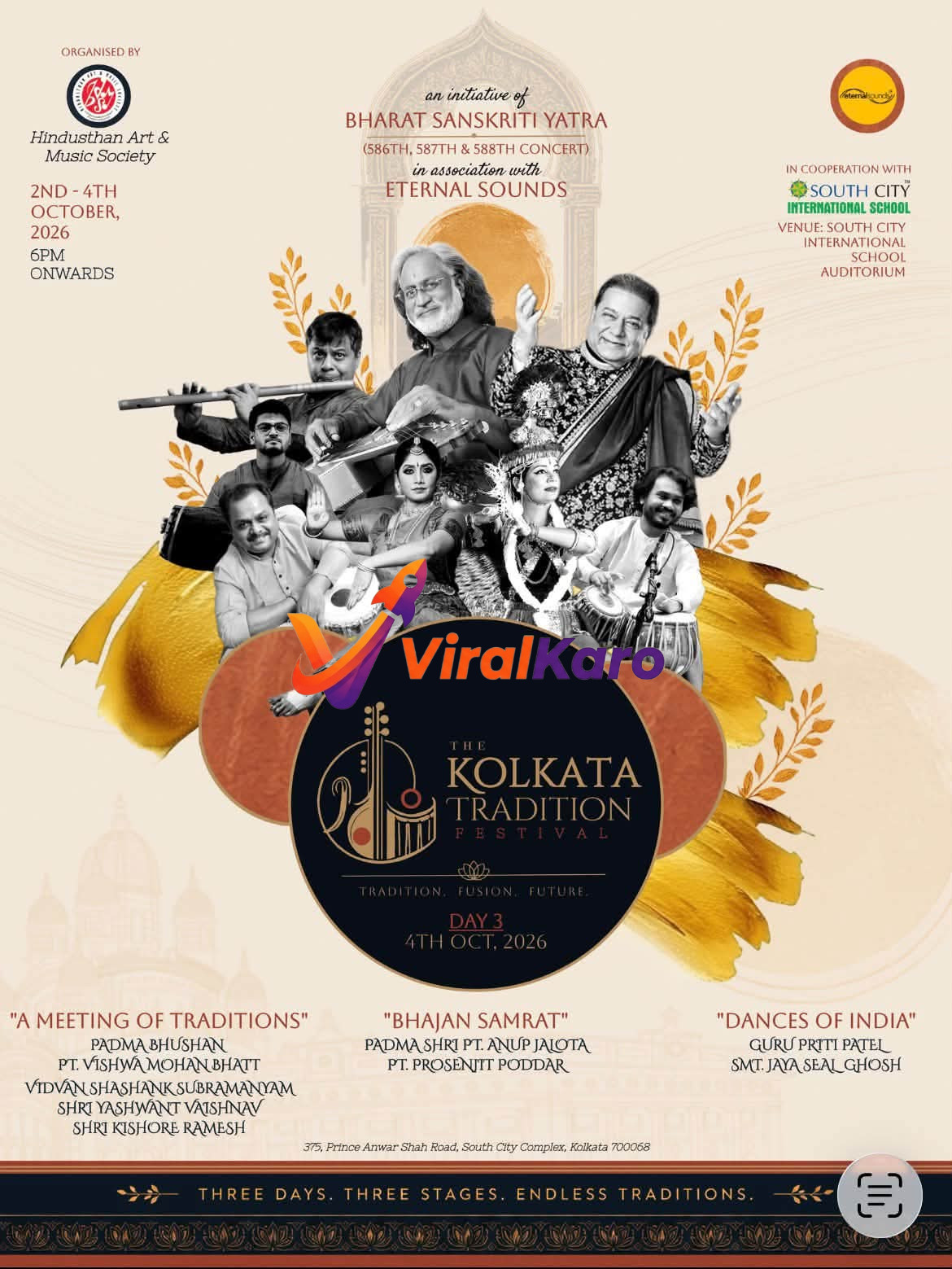 A promotional poster for The Kolkata Tradition Festival featuring portraits of Indian classical musicians and dancers, with event details and venue info in Kolkata.
