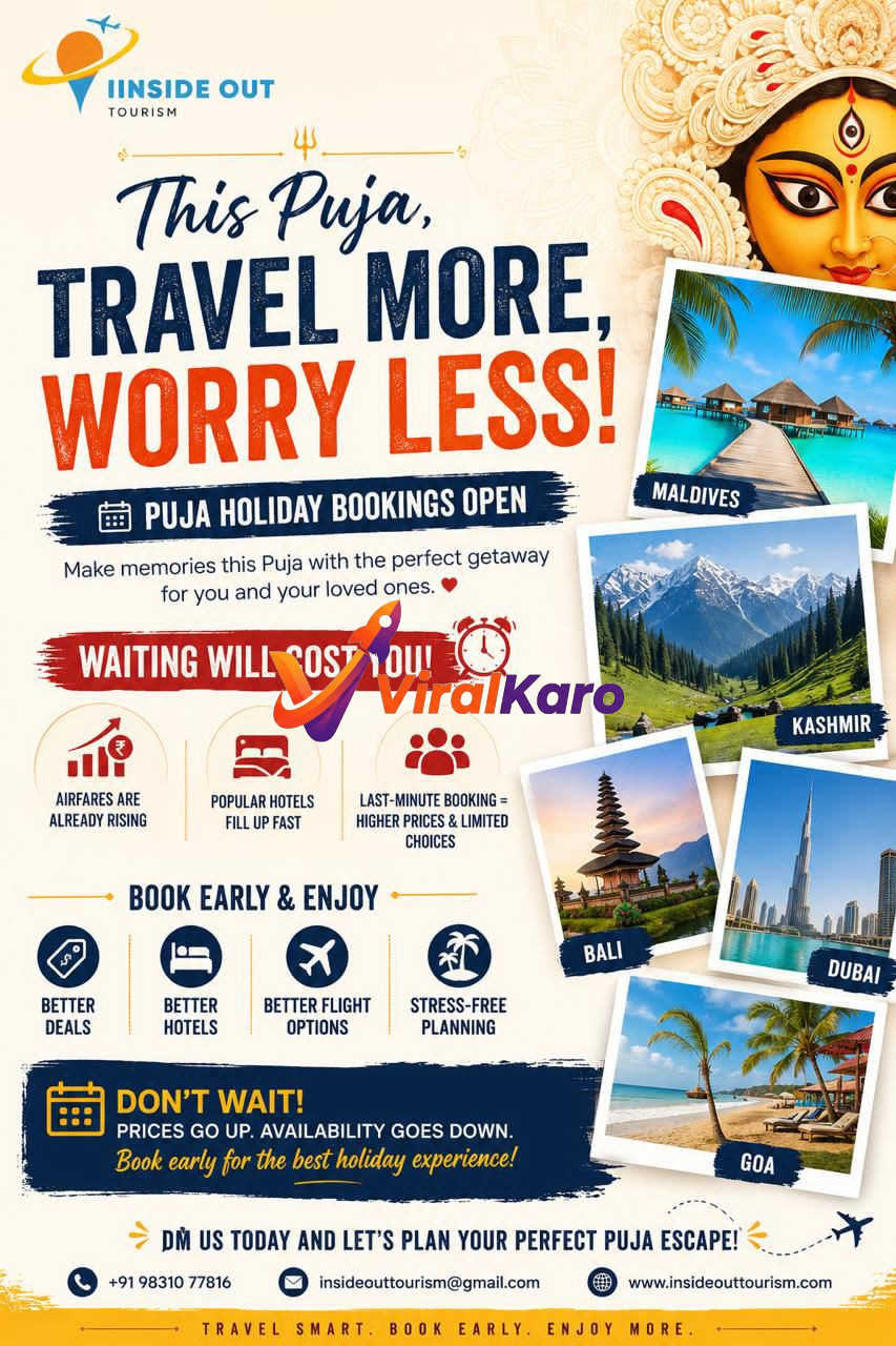 Promotional poster for Iinside Out Tourism advertising Durga Puja holiday travel packages to Maldives, Kashmir, Bali, Dubai, and Goa.
