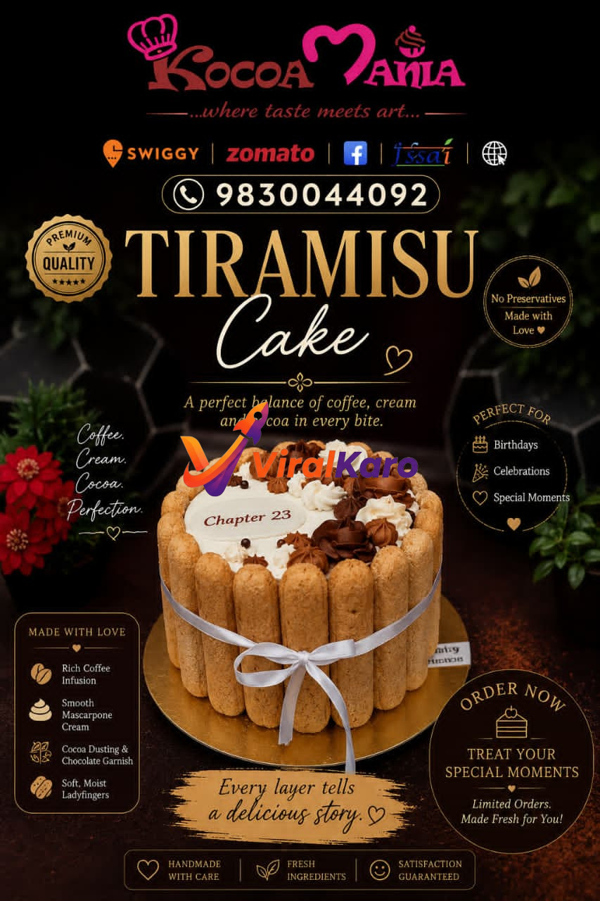 A beautifully crafted Kocoa Mania Tiramisu cake, labeled 'Chapter 23', presented on a golden base with a delicate white ribbon. The cake features a rich coffee infusion, smooth mascarpone cream, and soft, moist ladyfingers forming its sides, topped with elegant chocolate and cream swirls. The dark background suggests a premium setting, with hints of red flowers, emphasizing 'Premium Quality', 'No Preservatives', 'Handmade with Care', and 'Order Now' with contact details.