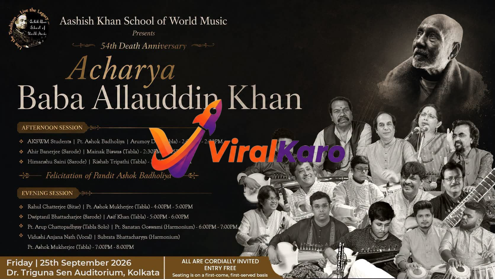 Event poster for the 54th death anniversary of Acharya Baba Allauddin Khan by Aashish Khan School of World Music, featuring a list of classical musicians and event details.