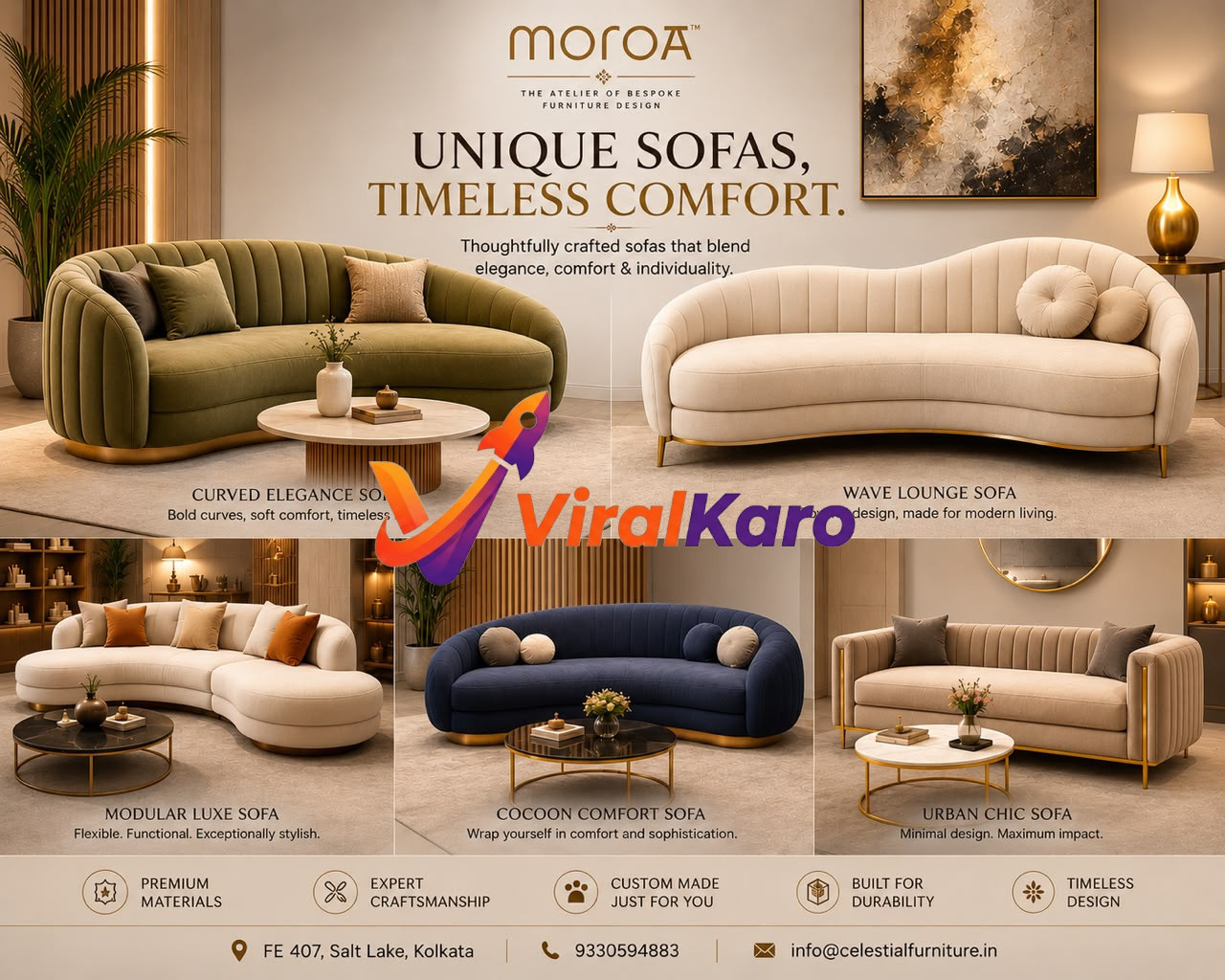 A collage of five elegant, high-end bespoke sofas from MOROA, featuring curved, modular, and minimalist designs in various fabrics and colors, displayed in a sophisticated interior showroom setting.