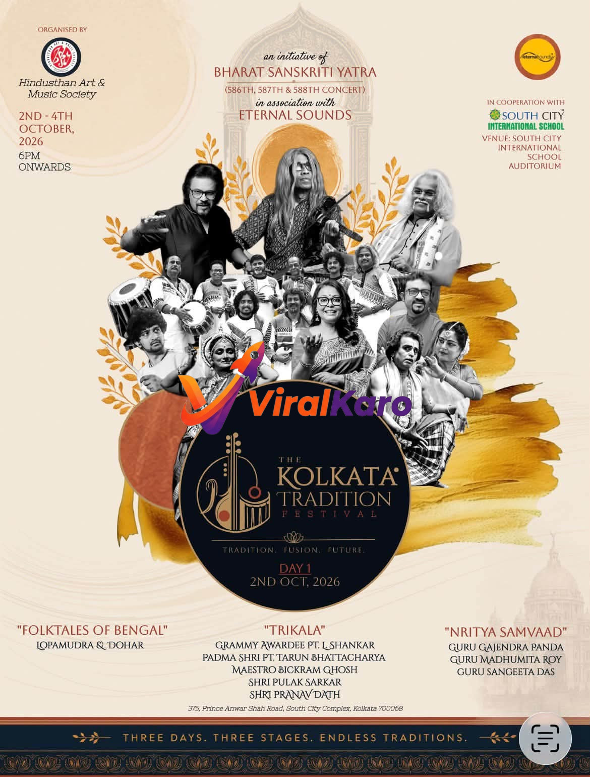 Event poster for The Kolkata Tradition Festival 2026, featuring portraits of classical Indian musicians and dancers, held at South City International School, Kolkata.