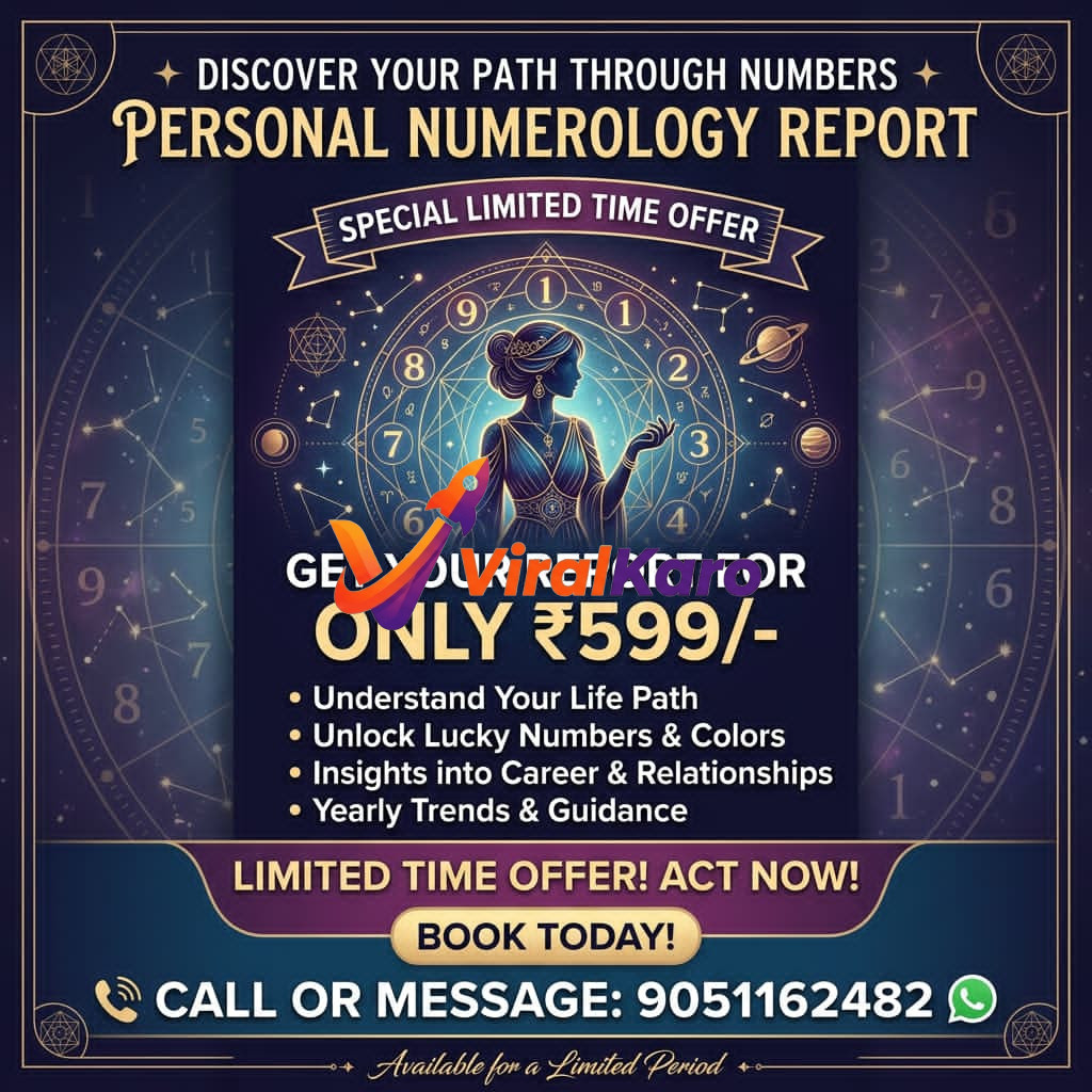 Personal Numerology Report advertisement featuring a mystical background with numbers and a woman, offering a reading for 599 rupees.