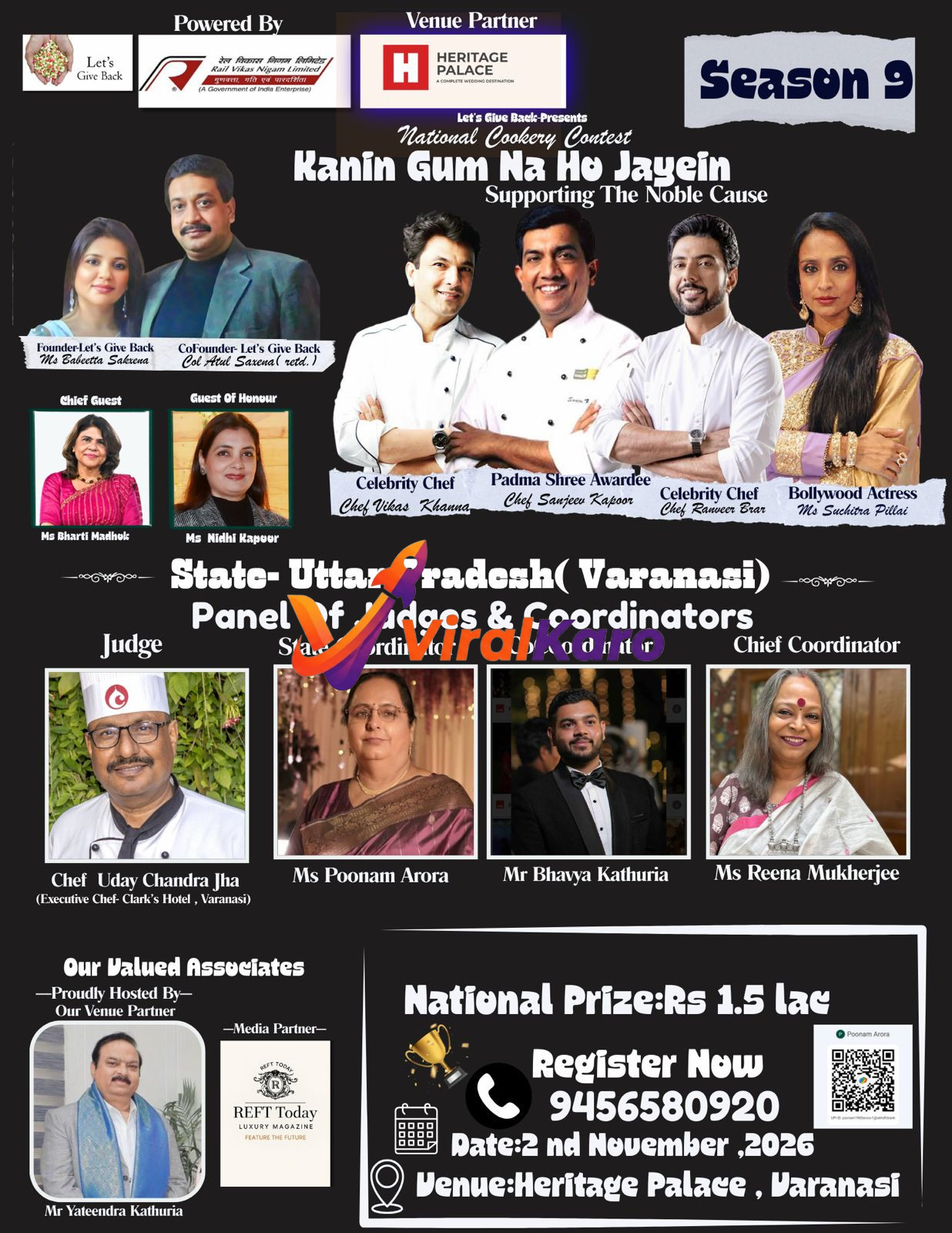 Event poster for Season 9 of the National Cookery Contest Kanin Gum Na Ho Jayein featuring celebrity chefs and event details.