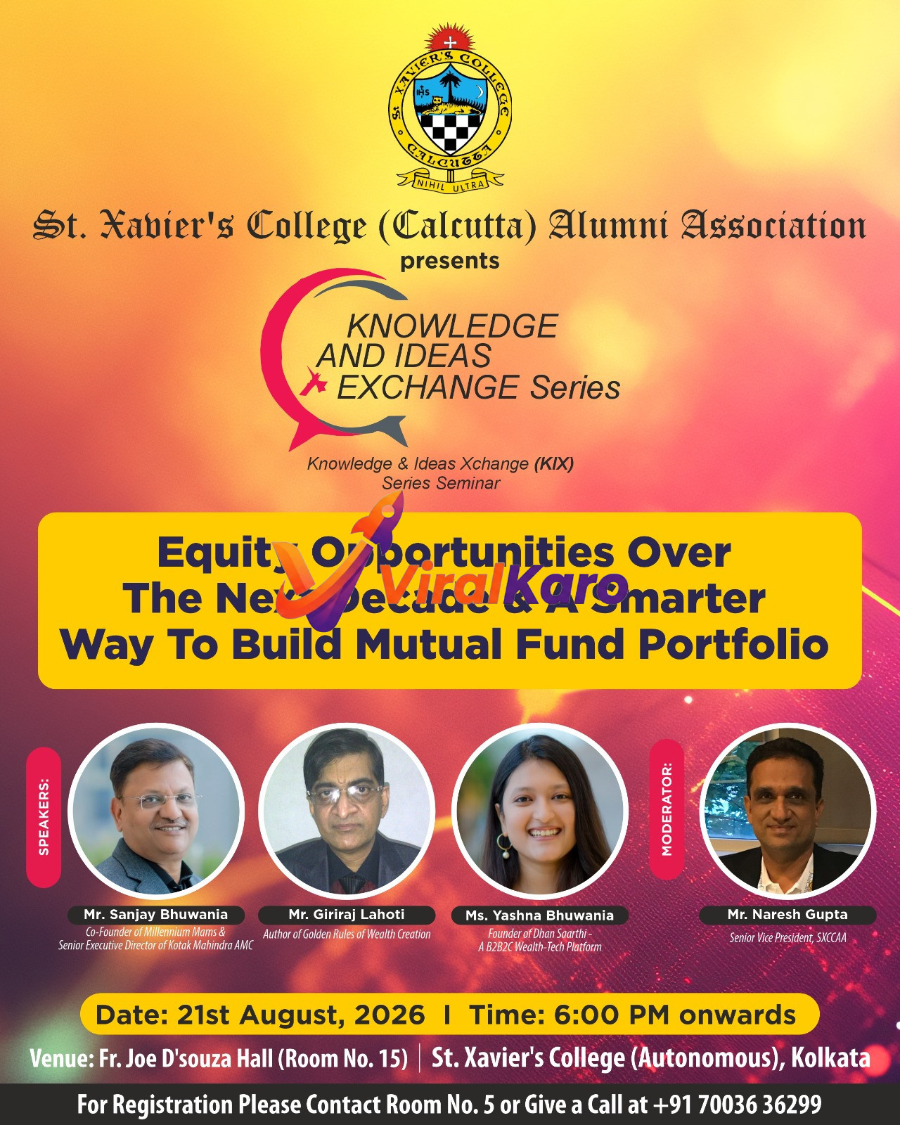 Event poster for St. Xavier's College Alumni Association seminar on Equity Opportunities and Mutual Fund Portfolio featuring speakers Mr. Sanjay Bhuwania, Mr. Giriraj Lahoti, and Ms. Yashna Bhuwania.